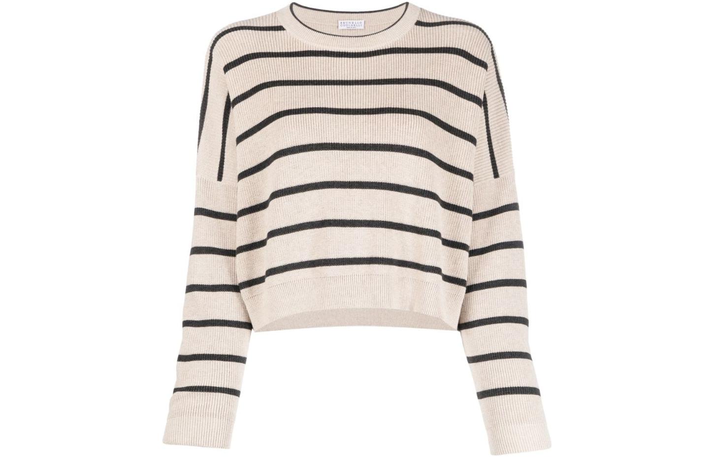 BRUNELLO CUCINELLI WOMEN'S LIGHT CAMEL STRIPED CROP SWEATER