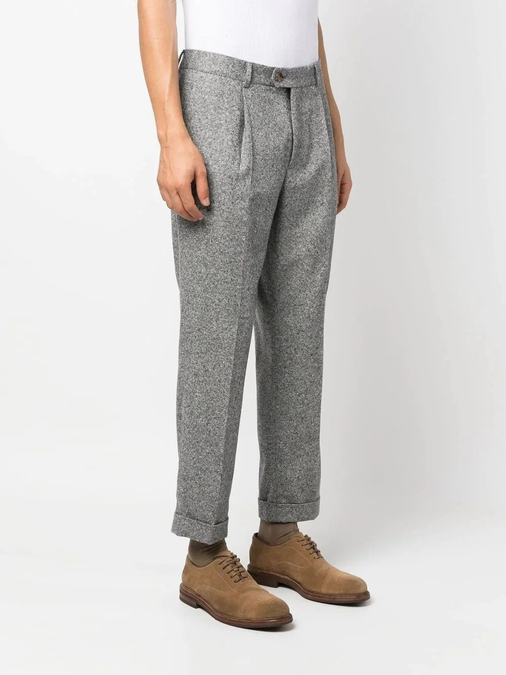 BRUNELLO CUCINELLI MEN'S GREY WOOL PLEATED TROUSERS