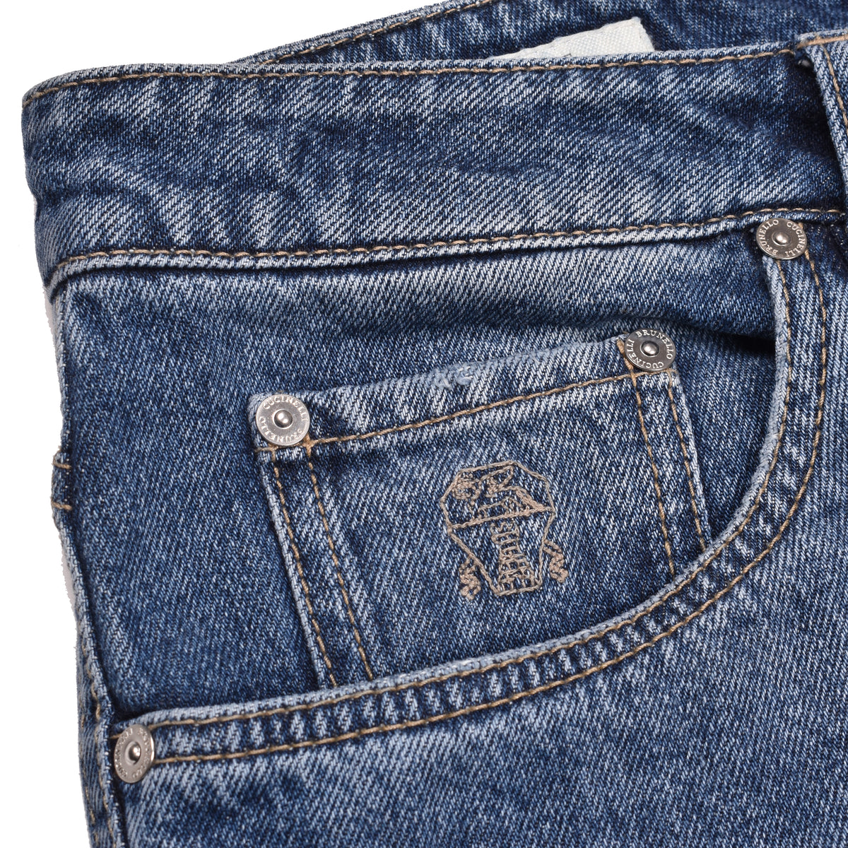 BRUNELLO CUCINELLI MEN'S MEDIUM BLUE DENIM TROUSERS