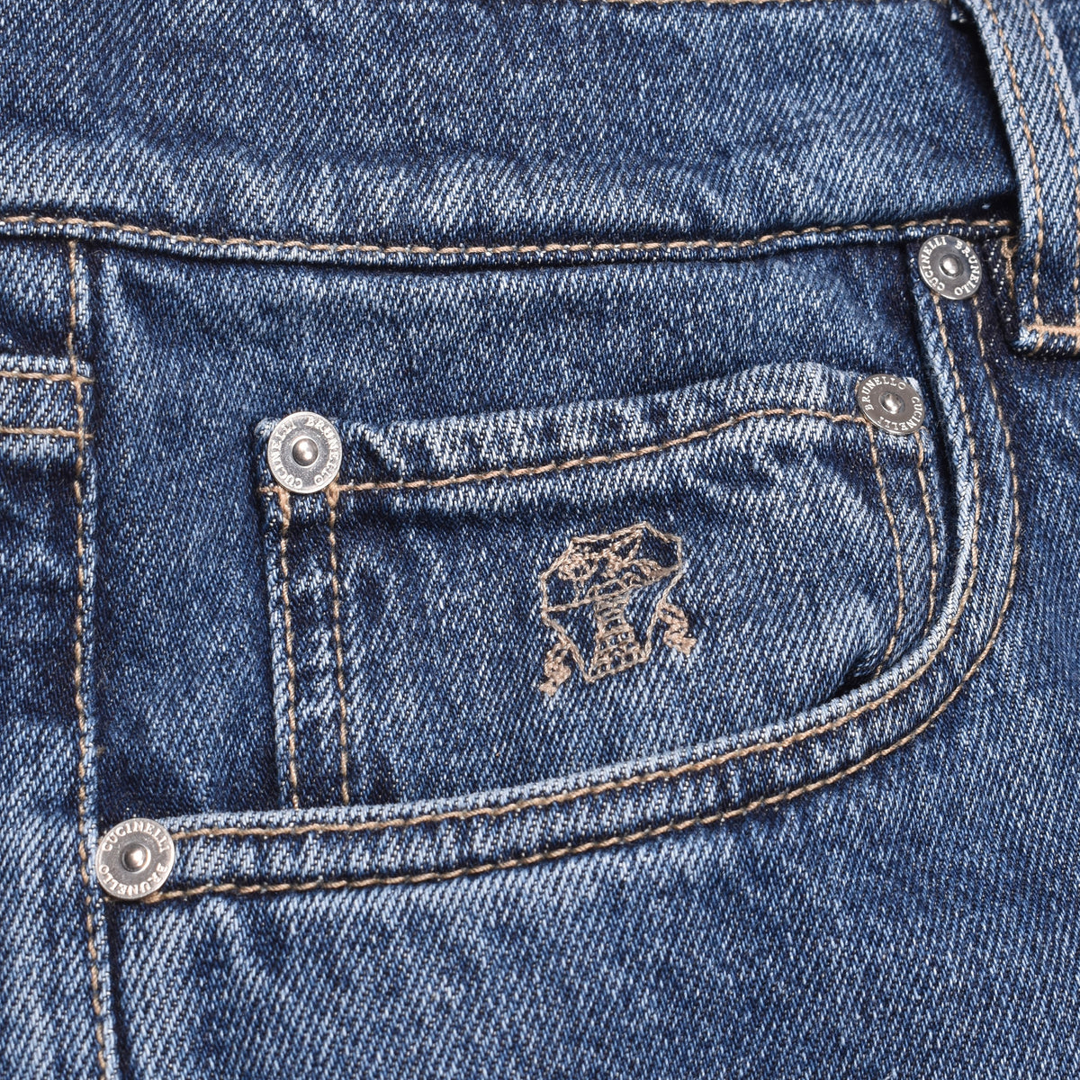 BRUNELLO CUCINELLI MEN'S MEDIUM BLUE DENIM TROUSERS
