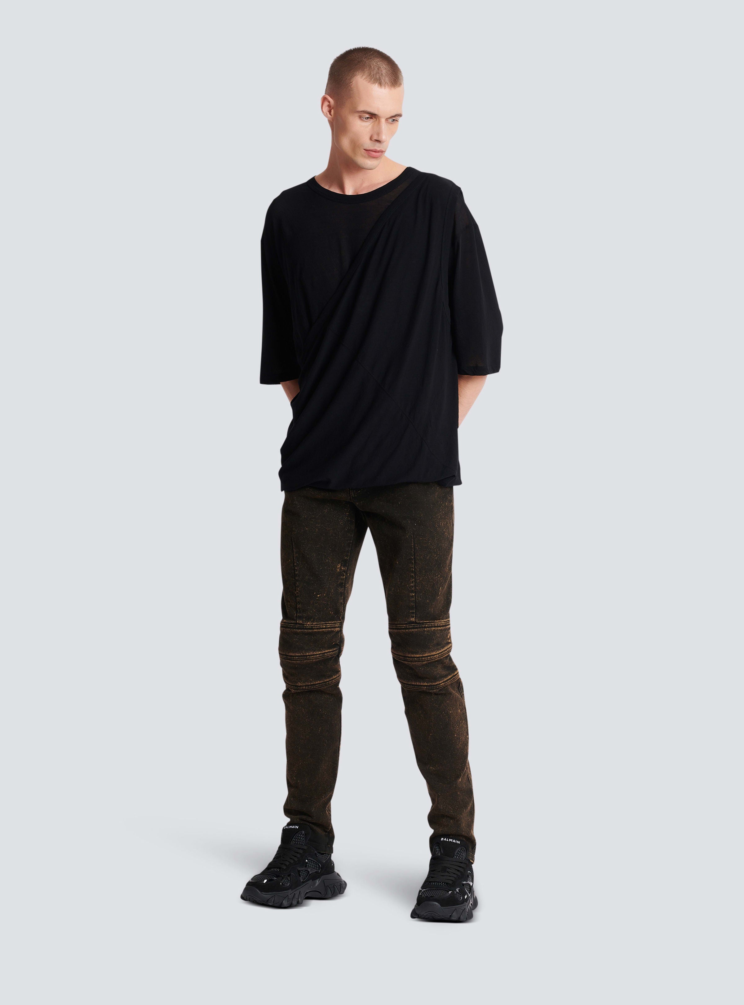 BALMAIN MEN'S ZIPPED BELT DARK BROWN DENIM PANTS NWT