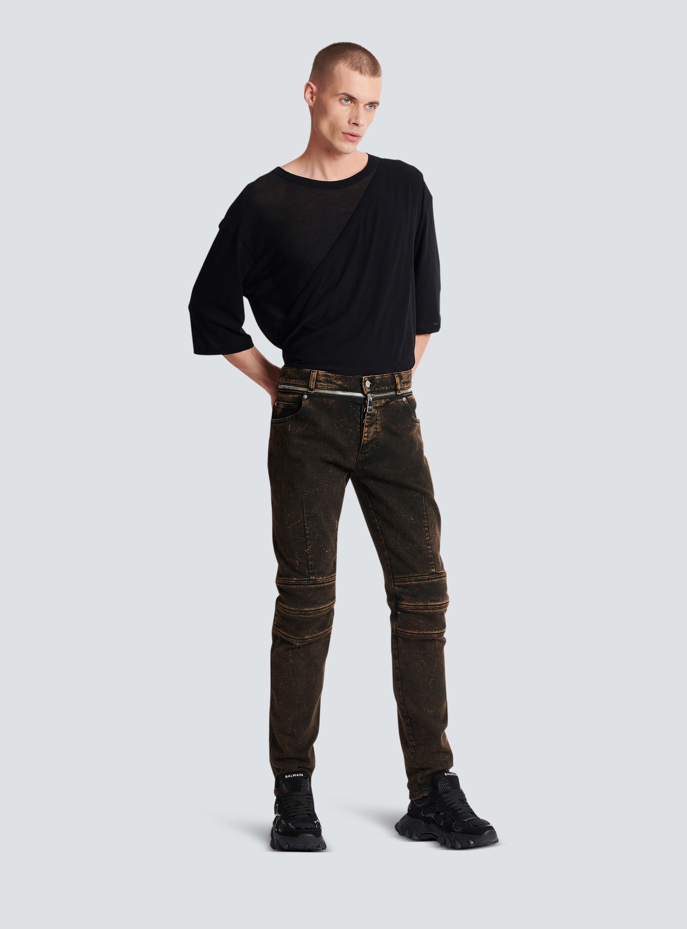 BALMAIN MEN'S DARK BROWN DENIM SLIM TROUSERS