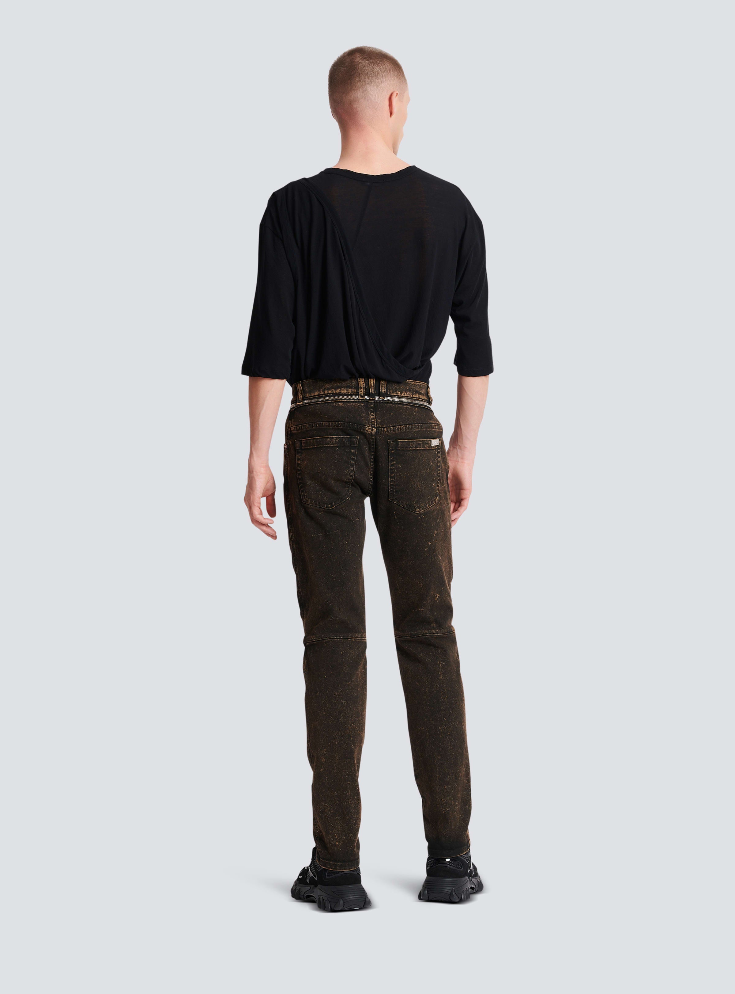 BALMAIN MEN'S DARK BROWN DENIM SLIM TROUSERS