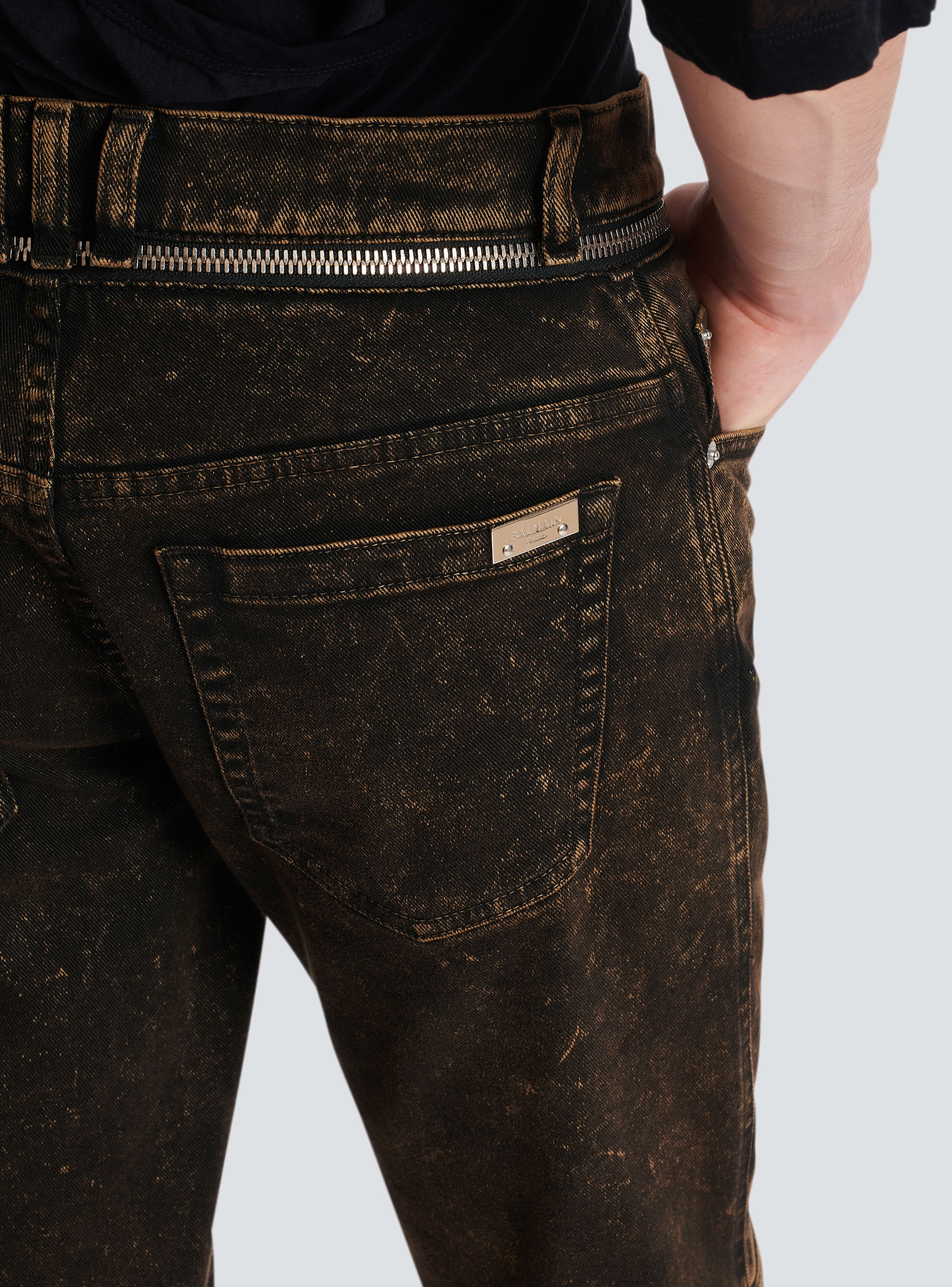 BALMAIN MEN'S ZIPPED BELT DARK BROWN DENIM PANTS NWT