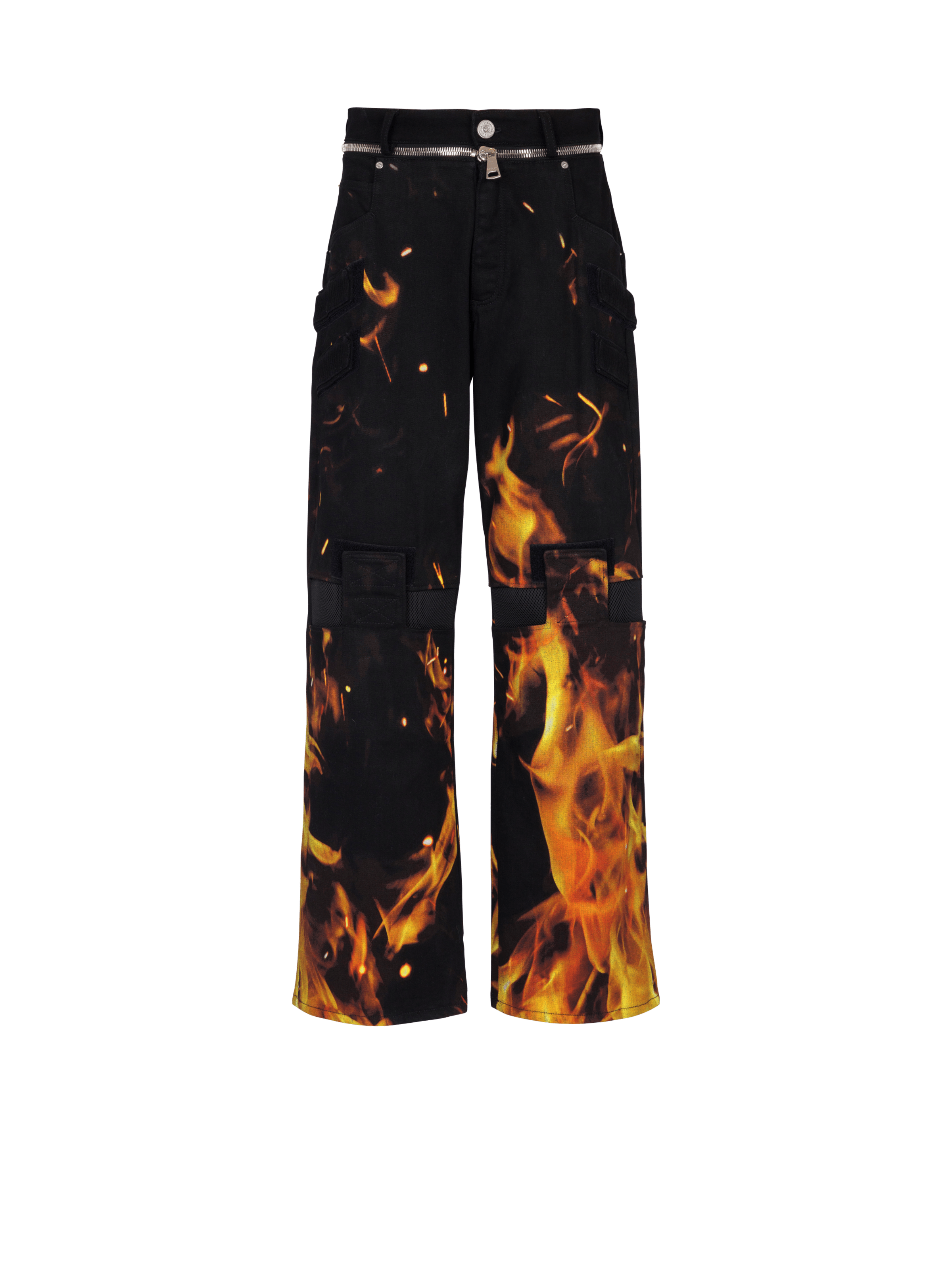 BALMAIN MEN'S KNEEPATCH FIRE PRINTED LOOSE DENIM PANTS NWT