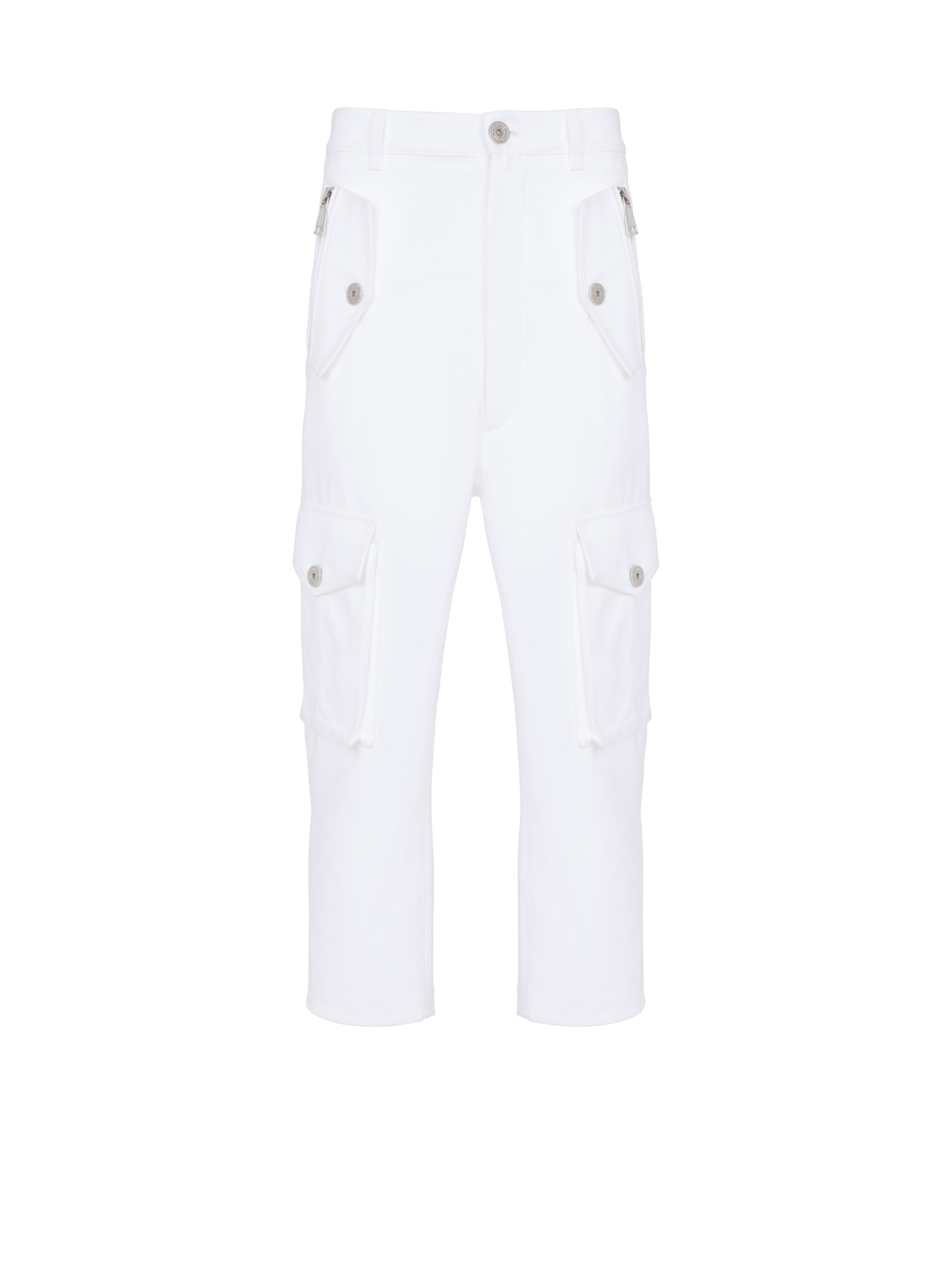 BALMAIN MEN'S WHITE LOOSE CARGO TROUSERS