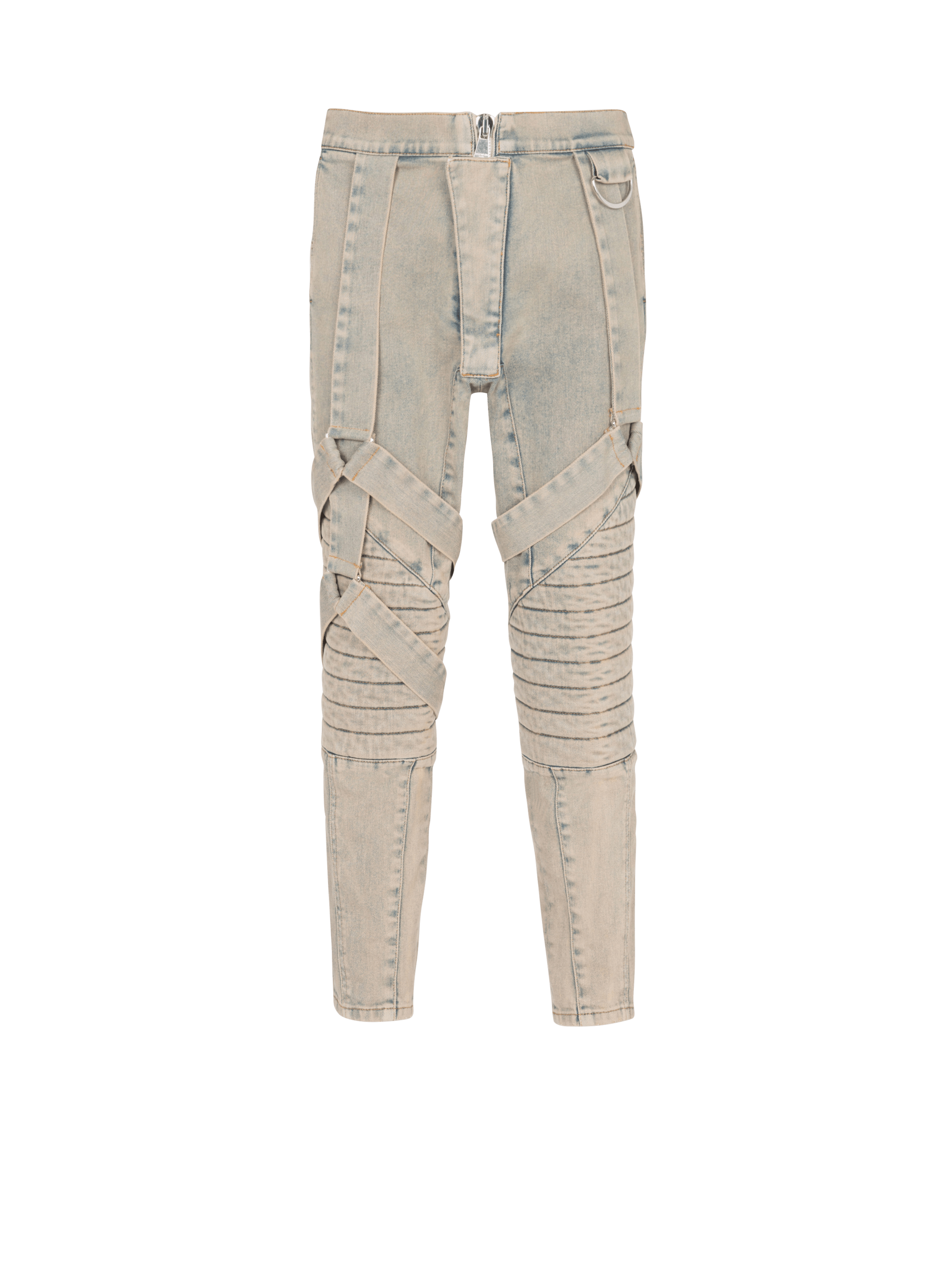 BALMAIN MEN'S SANDY BLUE MULTI-STRAP DENIM PANTS