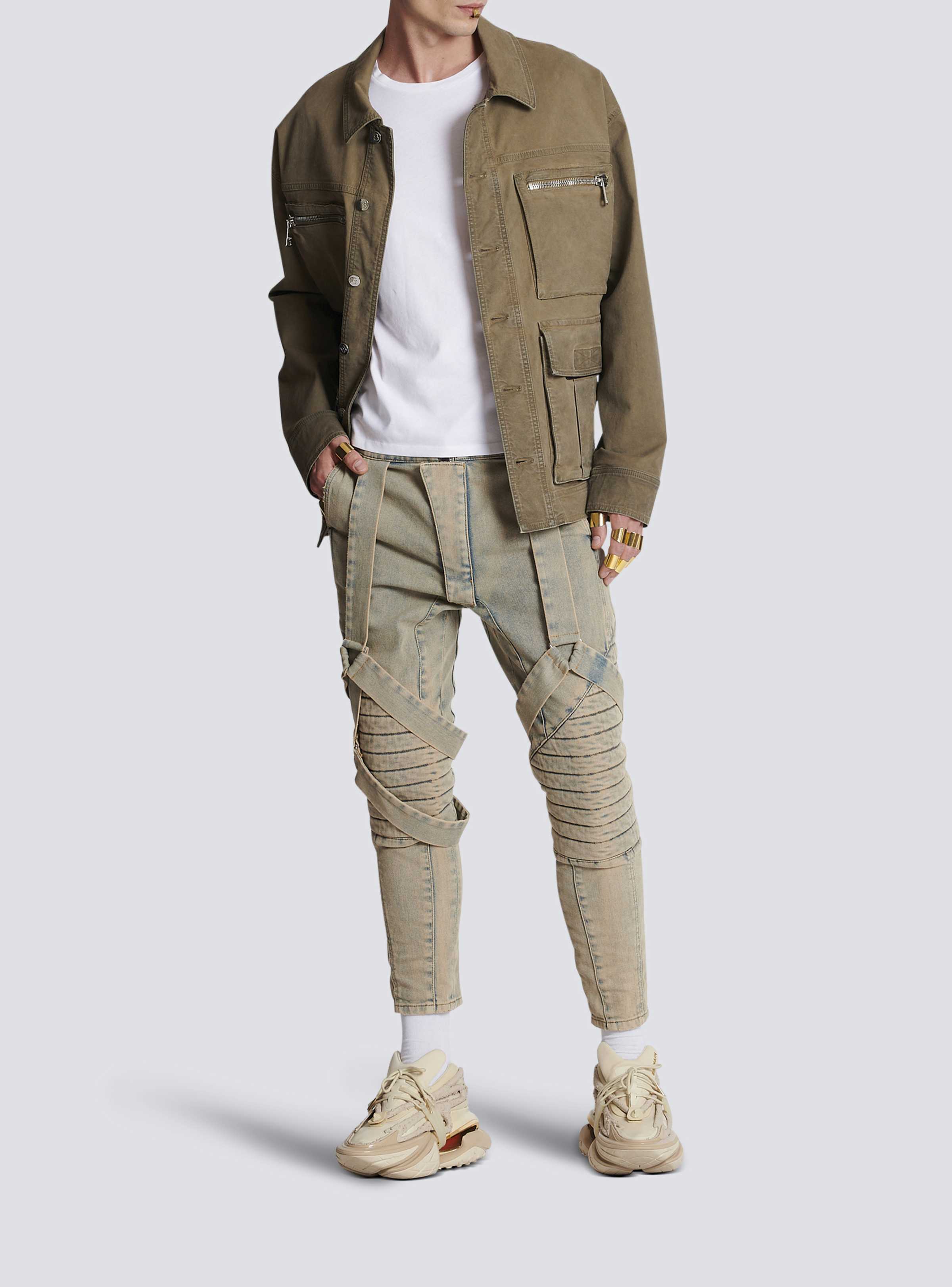 BALMAIN MEN'S SANDY BLUE MULTI-STRAP DENIM PANTS