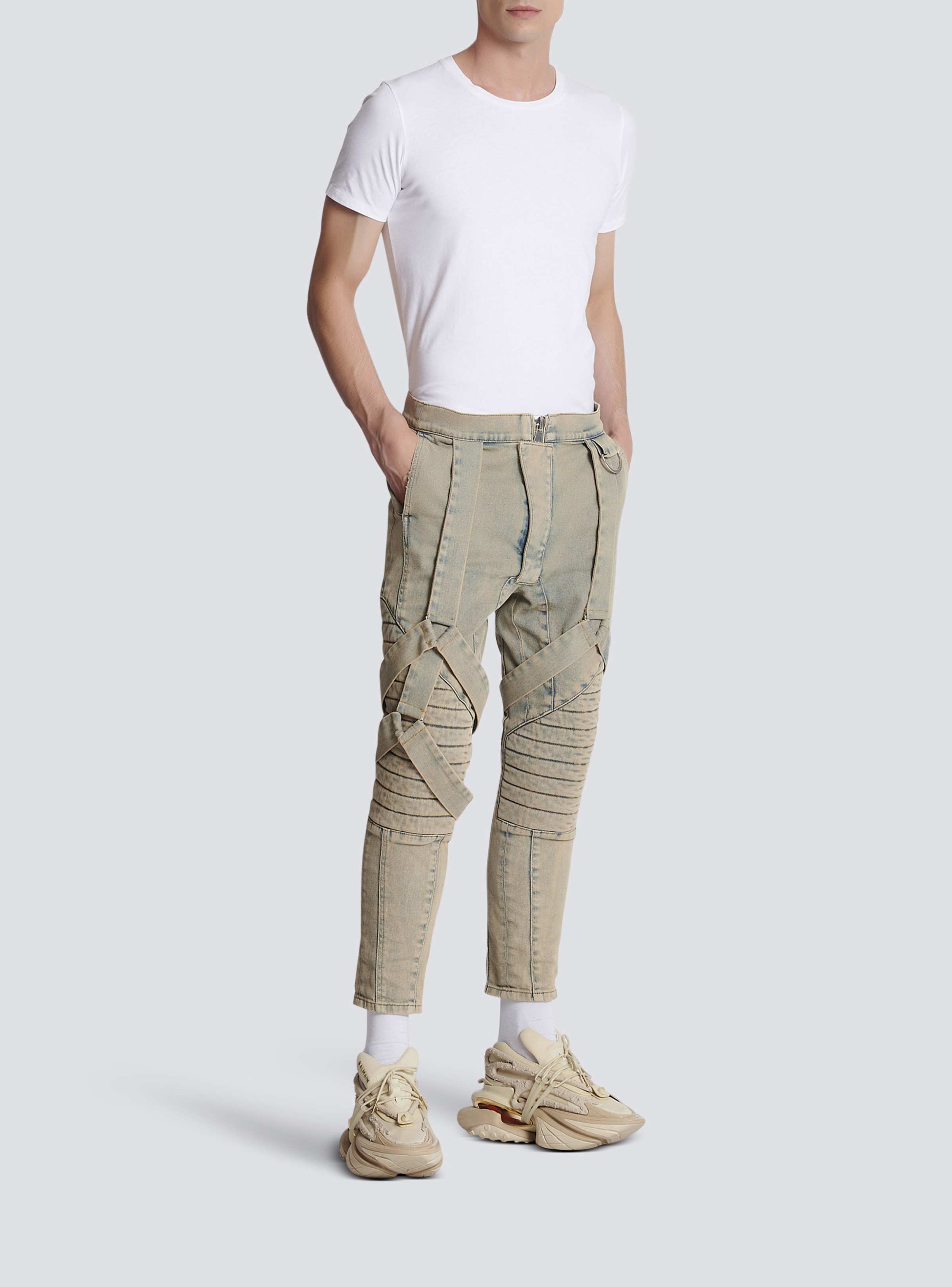 BALMAIN MEN'S SANDY BLUE MULTI-STRAP DENIM PANTS