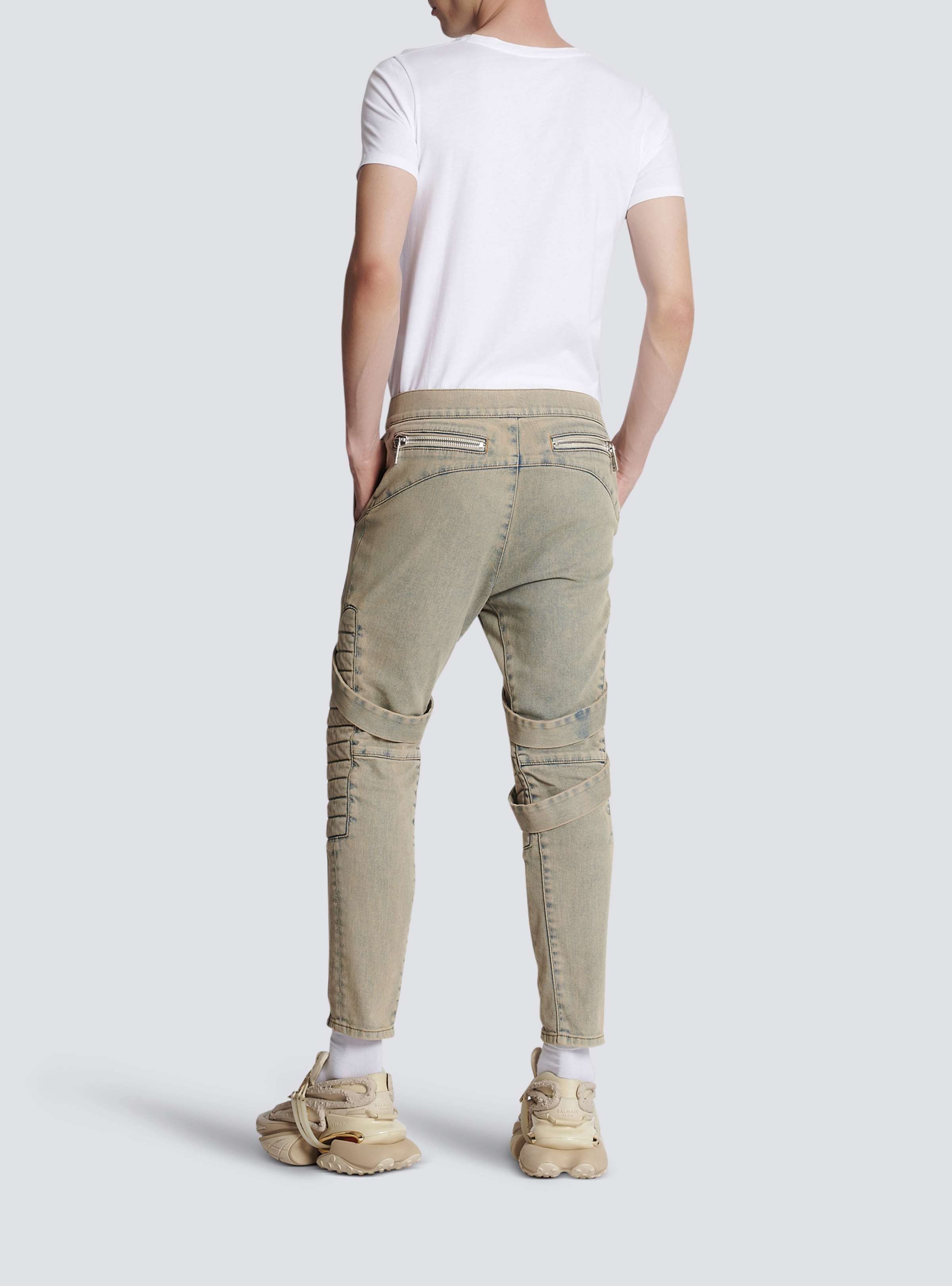 BALMAIN MEN'S SANDY BLUE MULTI-STRAP DENIM PANTS