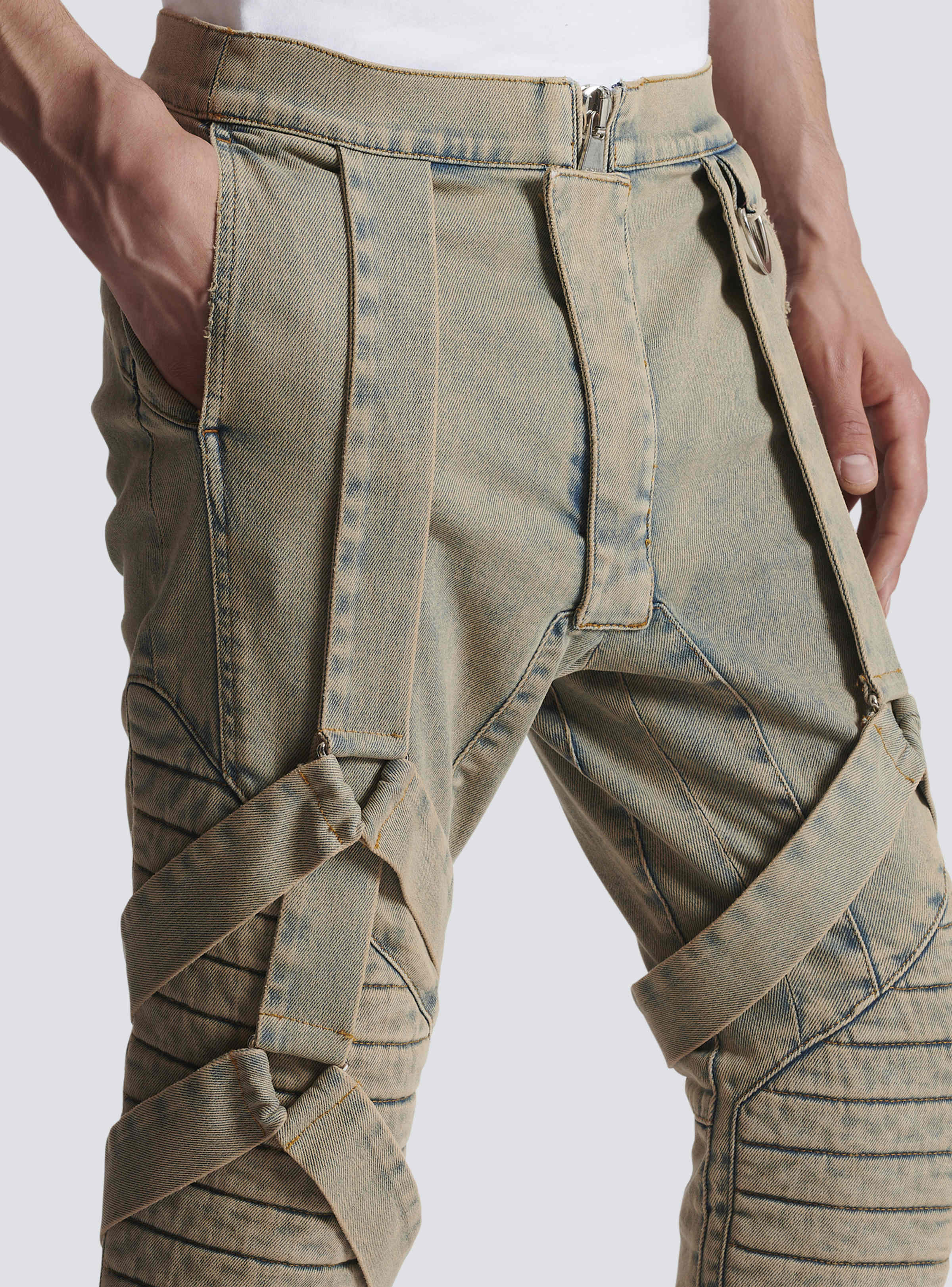 BALMAIN MEN'S SANDY BLUE MULTI-STRAP DENIM PANTS