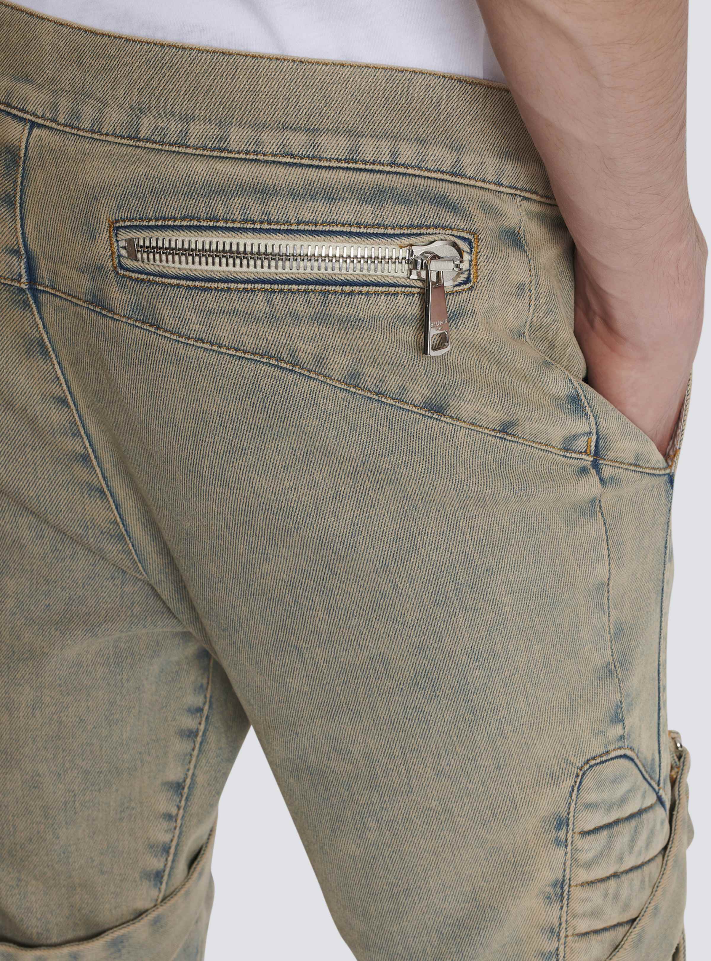 BALMAIN MEN'S SANDY BLUE MULTI-STRAP DENIM PANTS