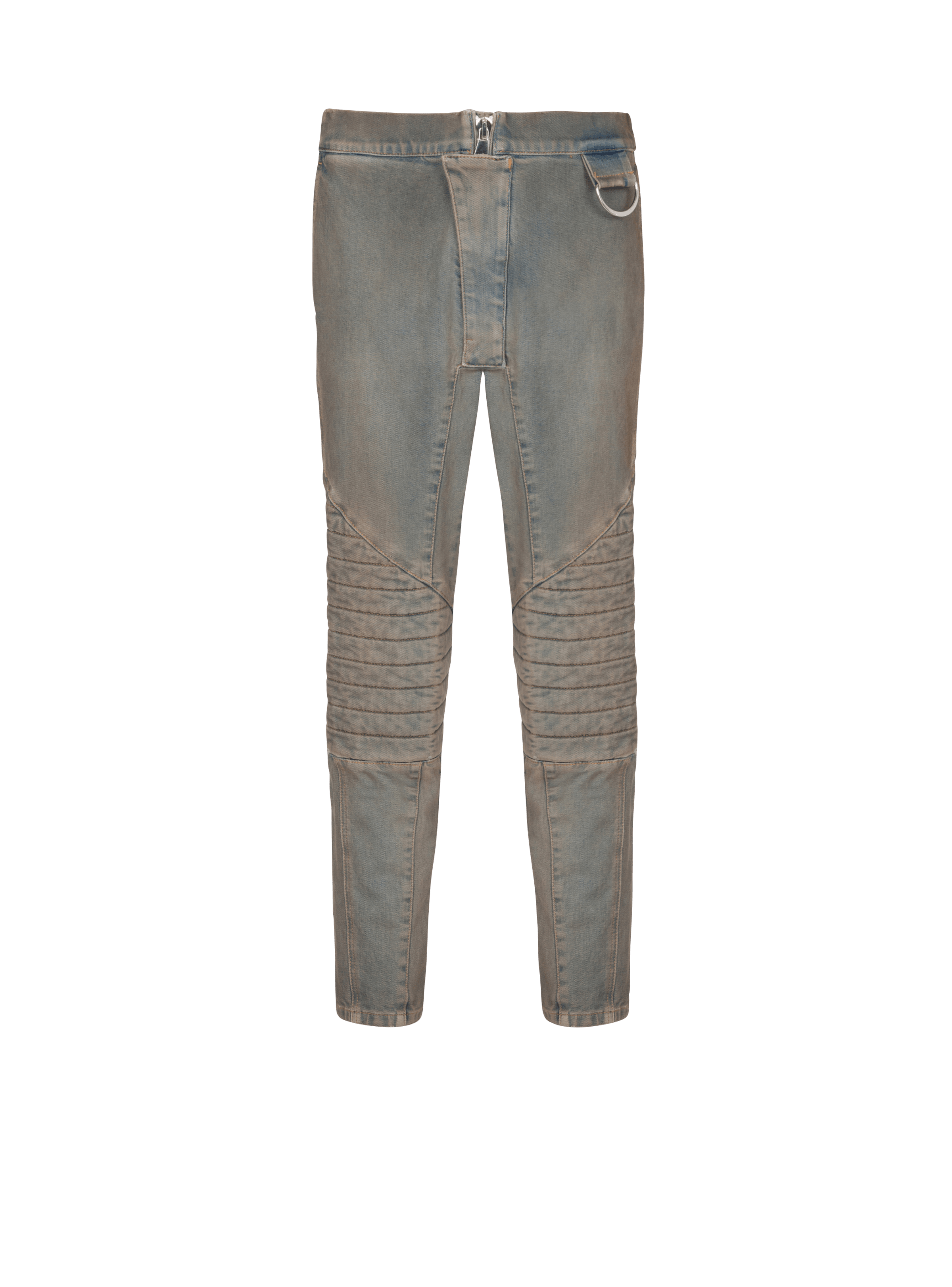 BALMAIN MEN'S DIRTY BLUE DENIM TAPERED PANTS WITH KNEE PADS
