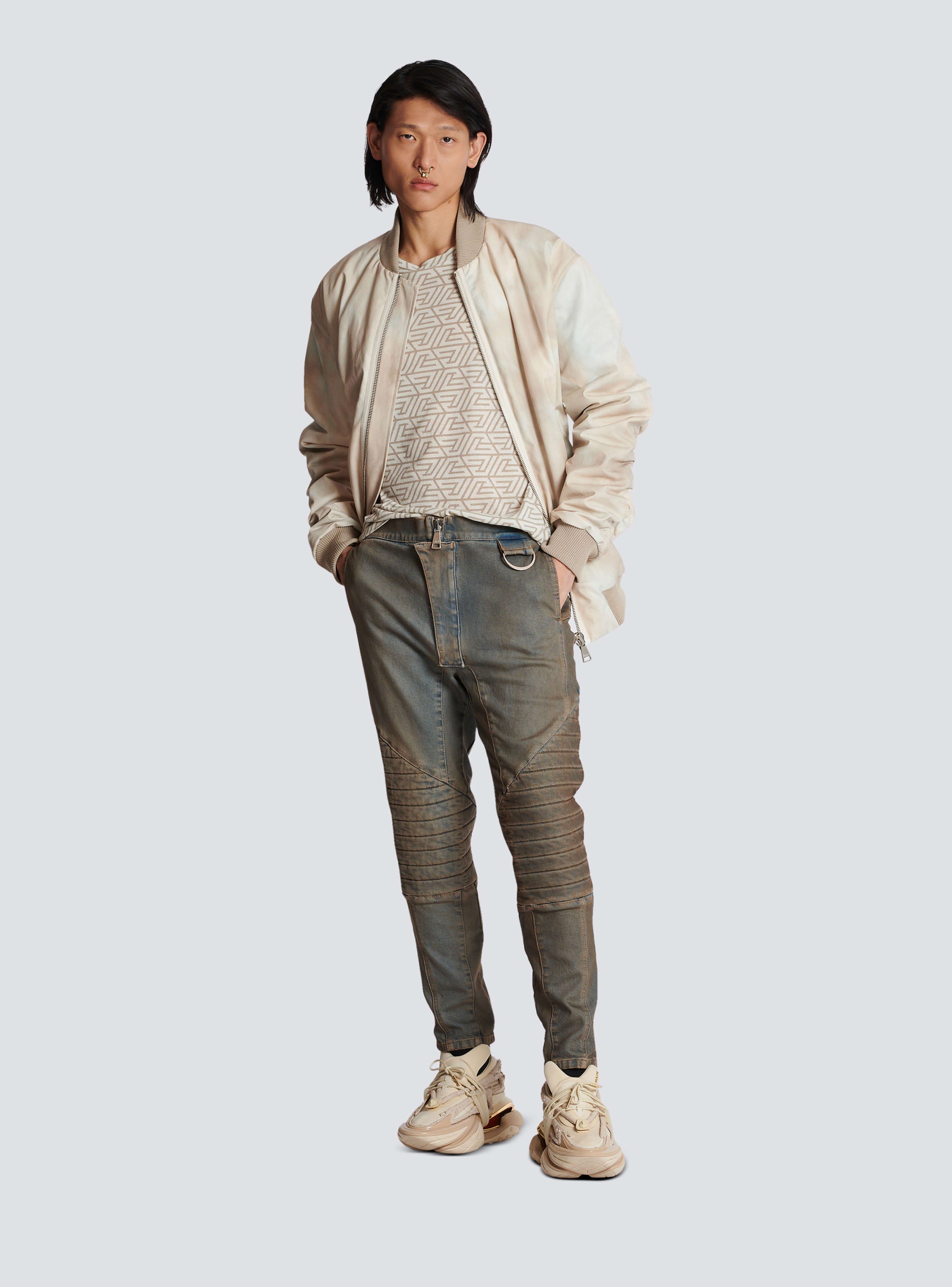 BALMAIN MEN'S DIRTY BLUE DENIM TAPERED PANTS WITH KNEE PADS