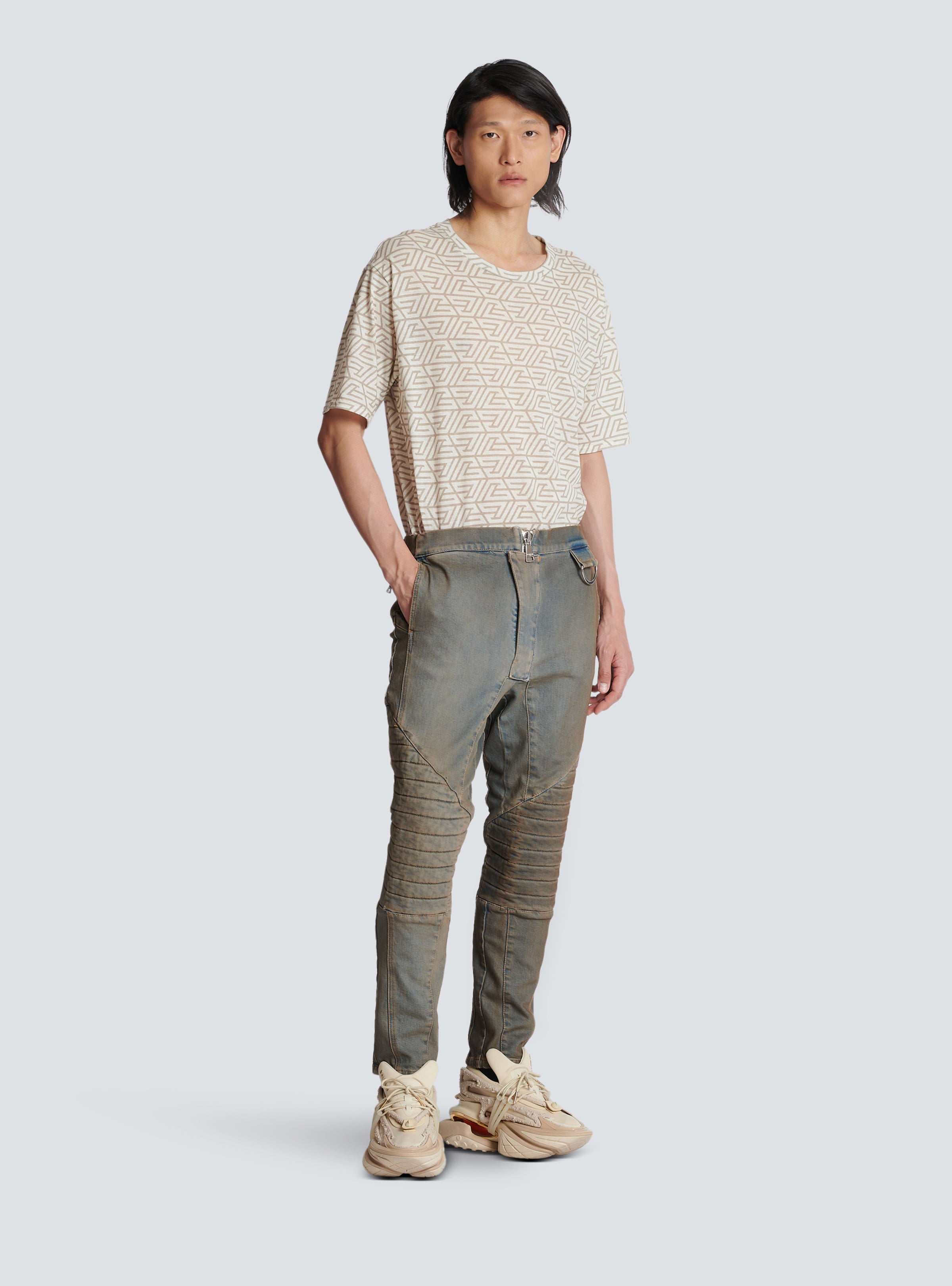 BALMAIN MEN'S DIRTY BLUE DENIM TAPERED PANTS WITH KNEE PADS