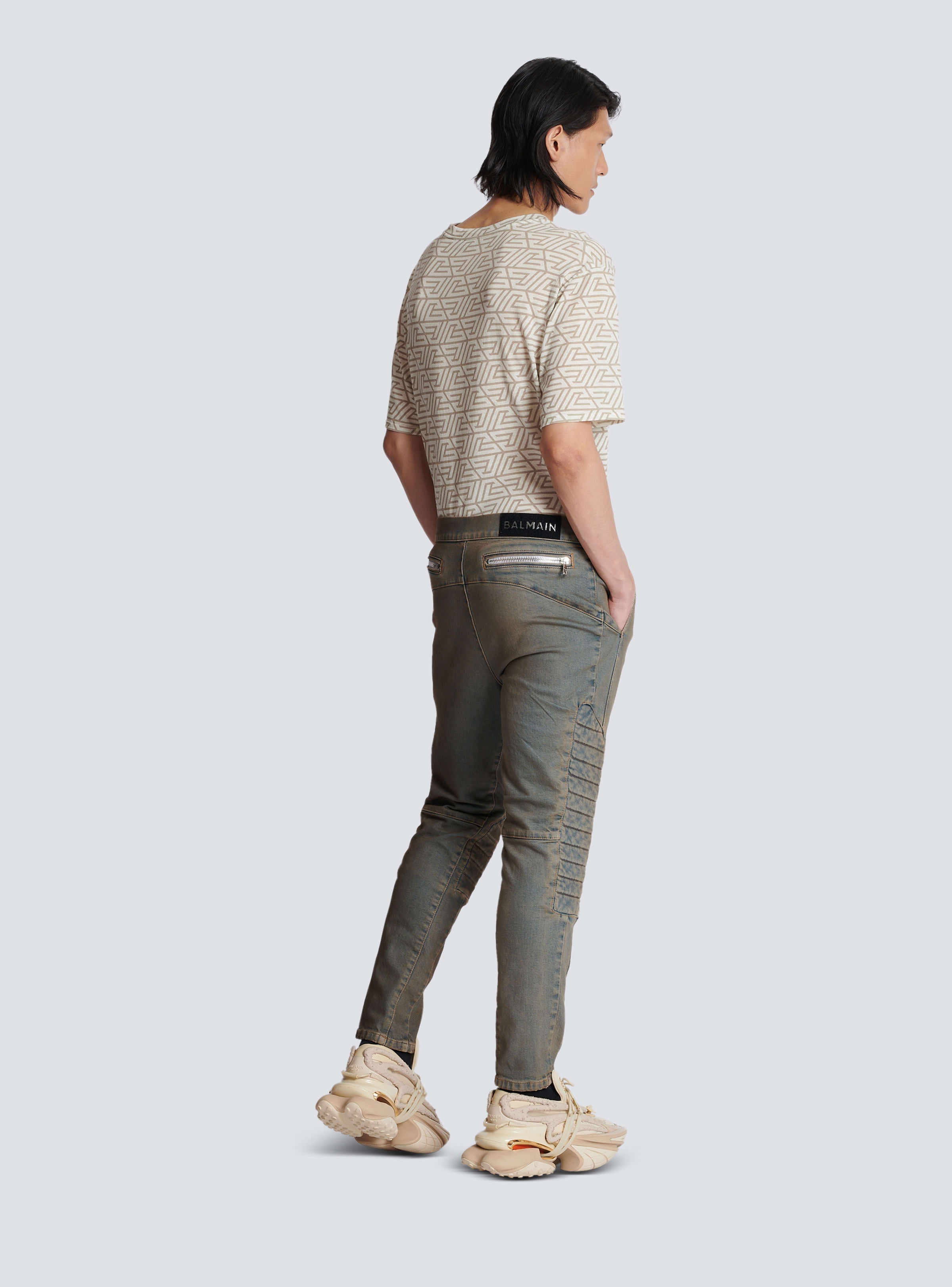 BALMAIN MEN'S DIRTY BLUE DENIM TAPERED PANTS WITH KNEE PADS
