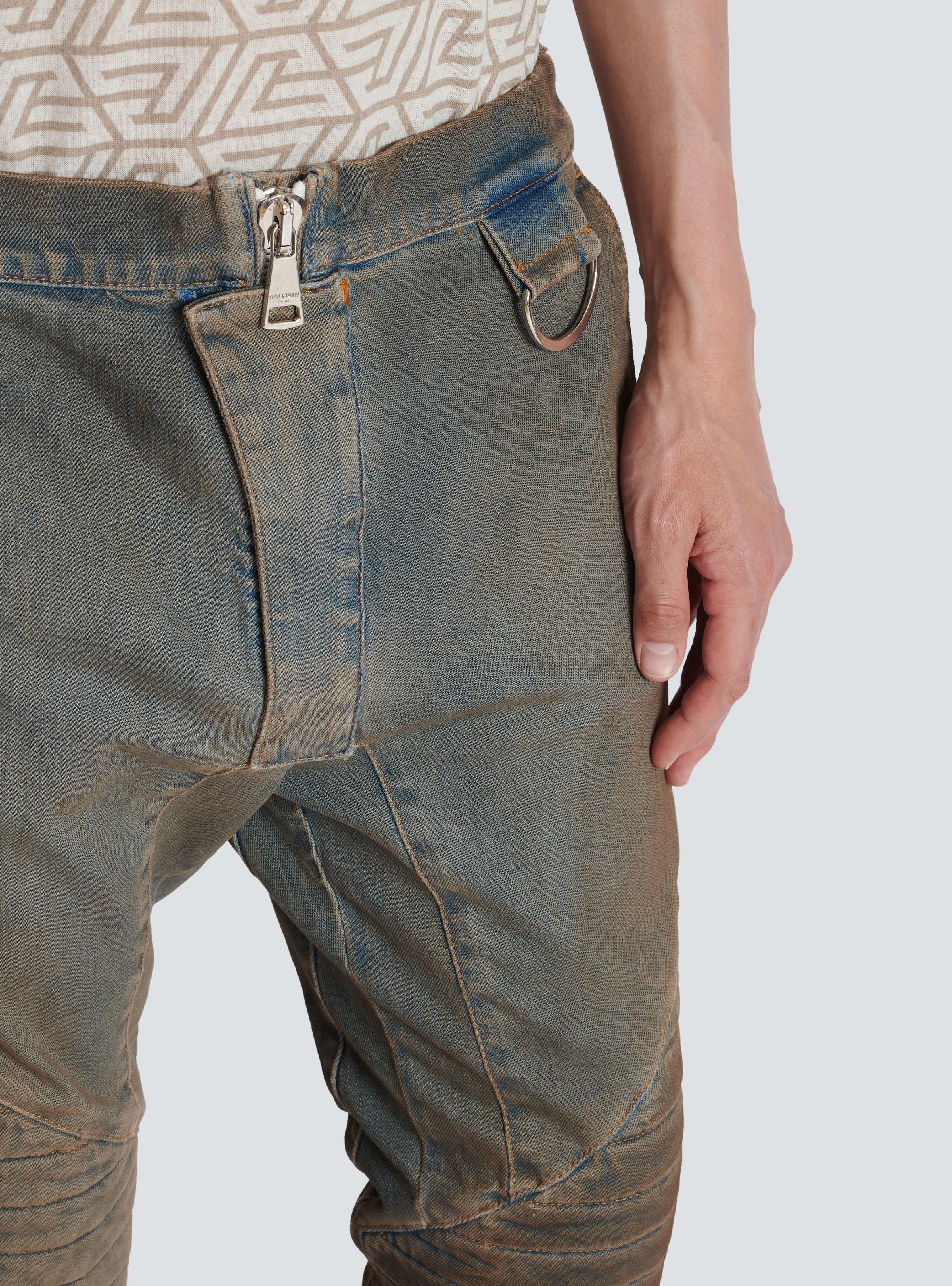BALMAIN MEN'S DIRTY BLUE DENIM TAPERED PANTS WITH KNEE PADS