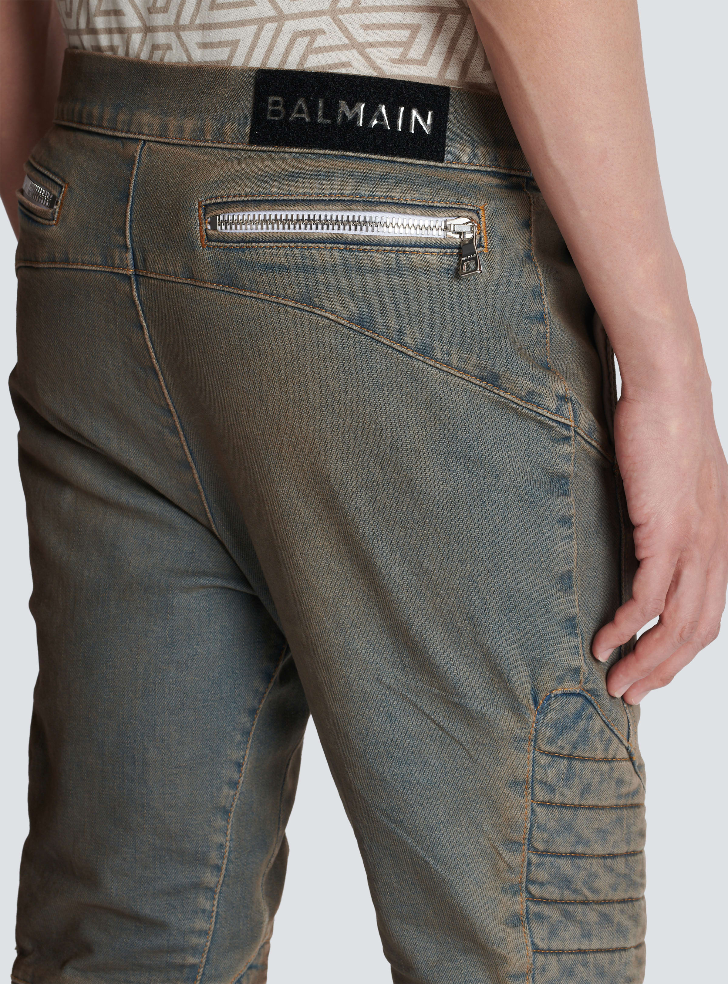 BALMAIN MEN'S DIRTY BLUE DENIM TAPERED PANTS WITH KNEE PADS