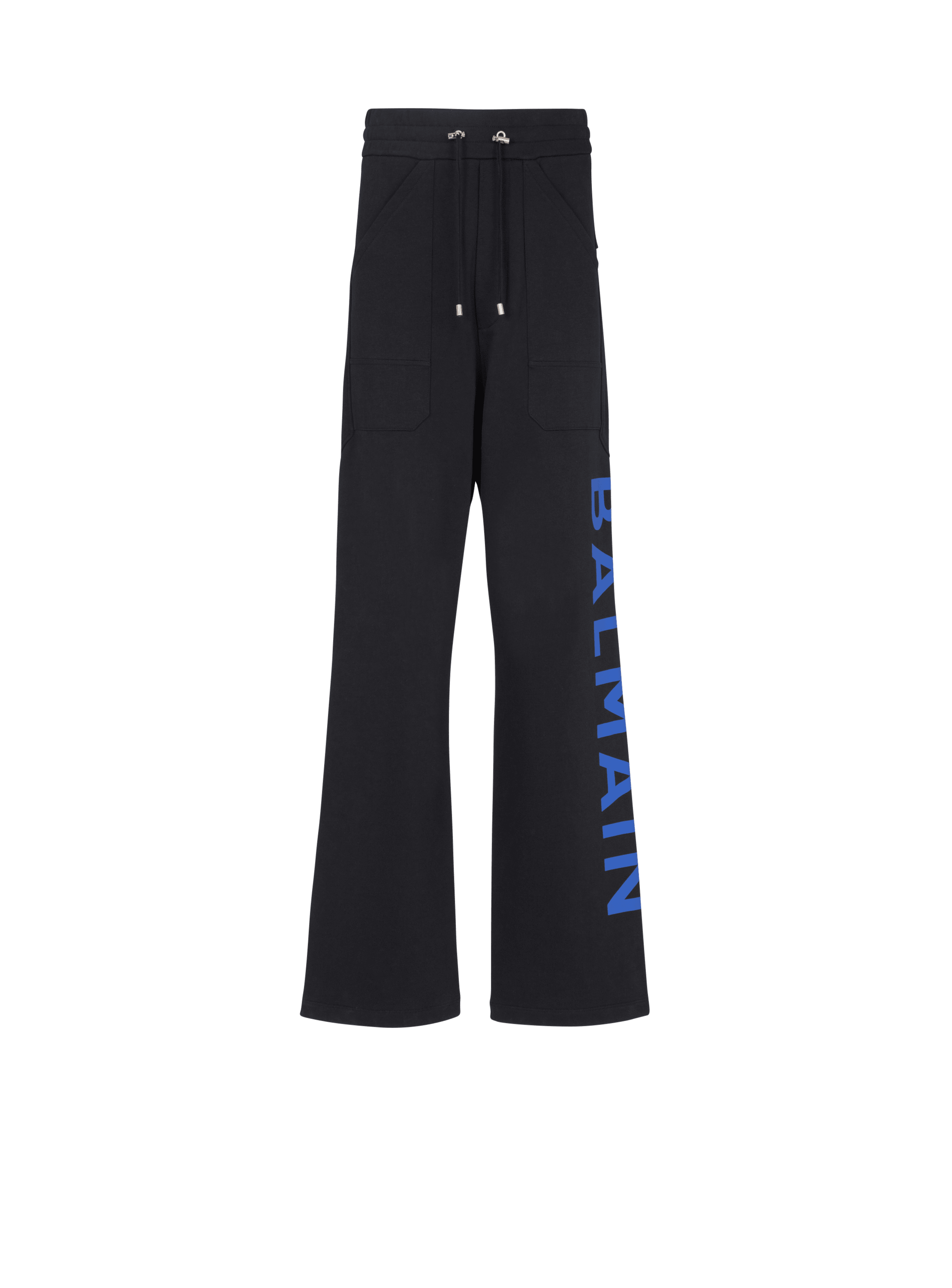 BALMAIN MEN'S BLACK ELECTRIC BLUE PRINTED TROUSERS