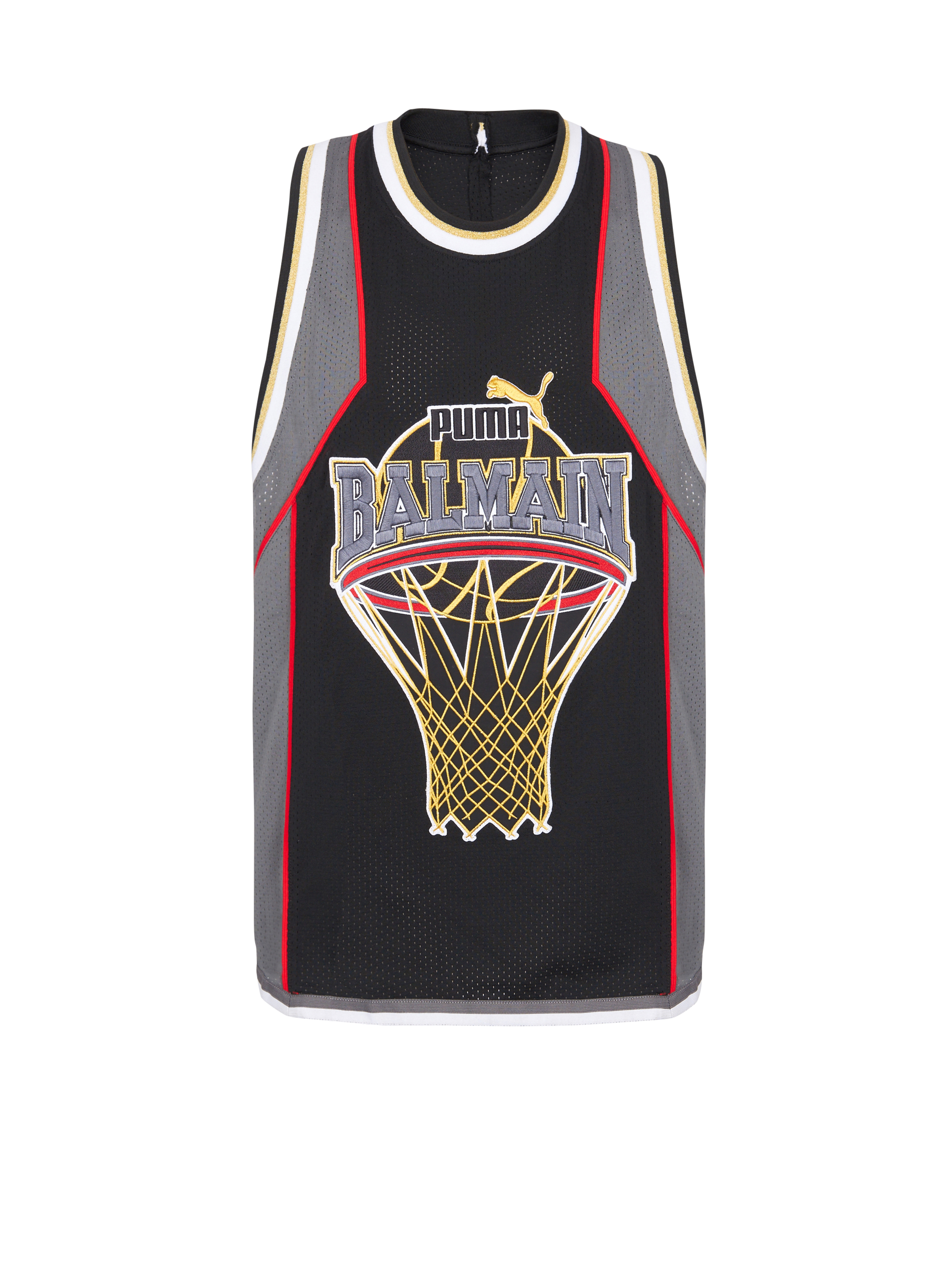 BALMAIN MEN'S BLACK GREY GOLD SLEEVELESS TECHNICAL TANK
