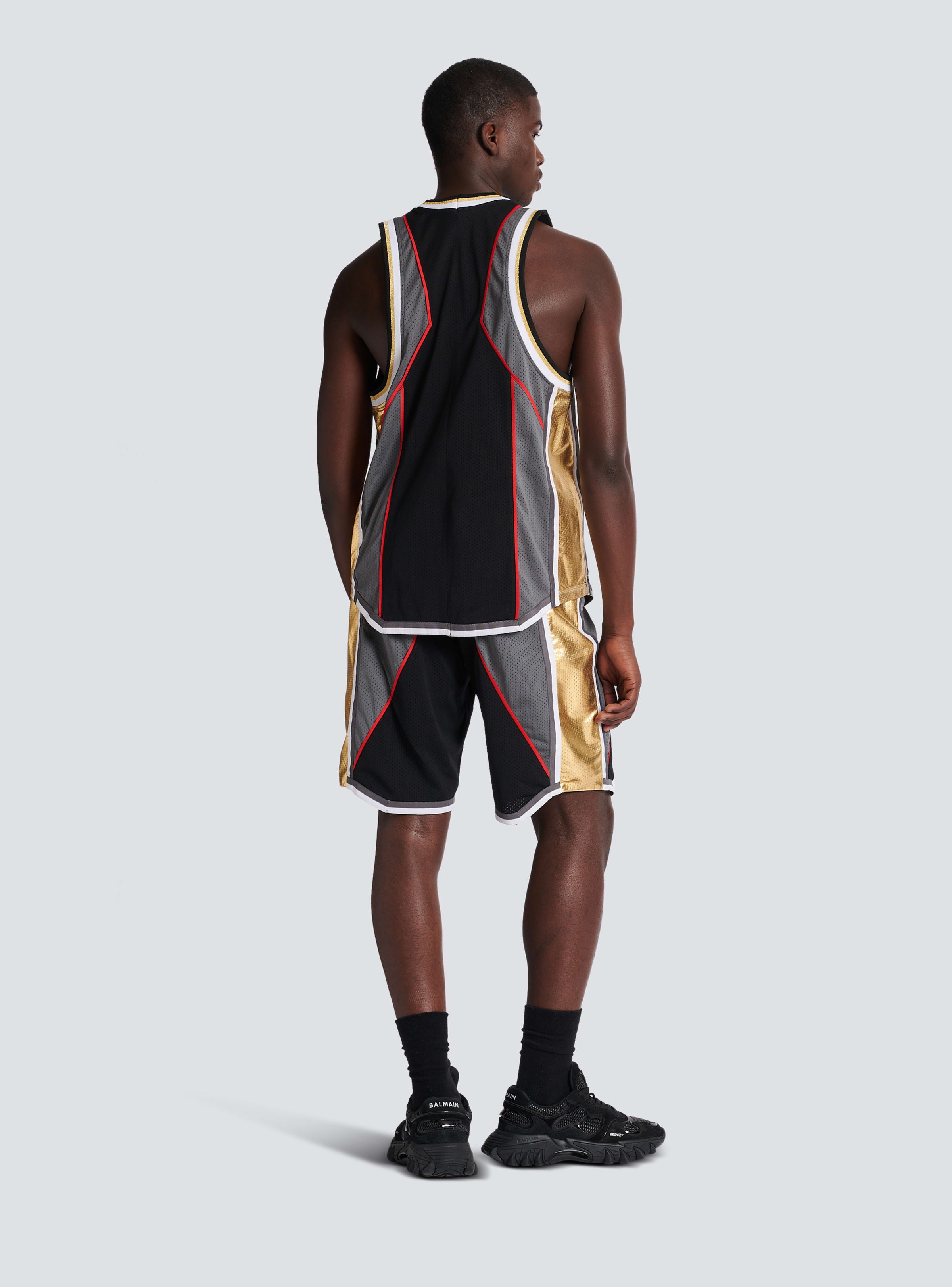 BALMAIN MEN'S BLACK GREY GOLD SLEEVELESS TECHNICAL TANK