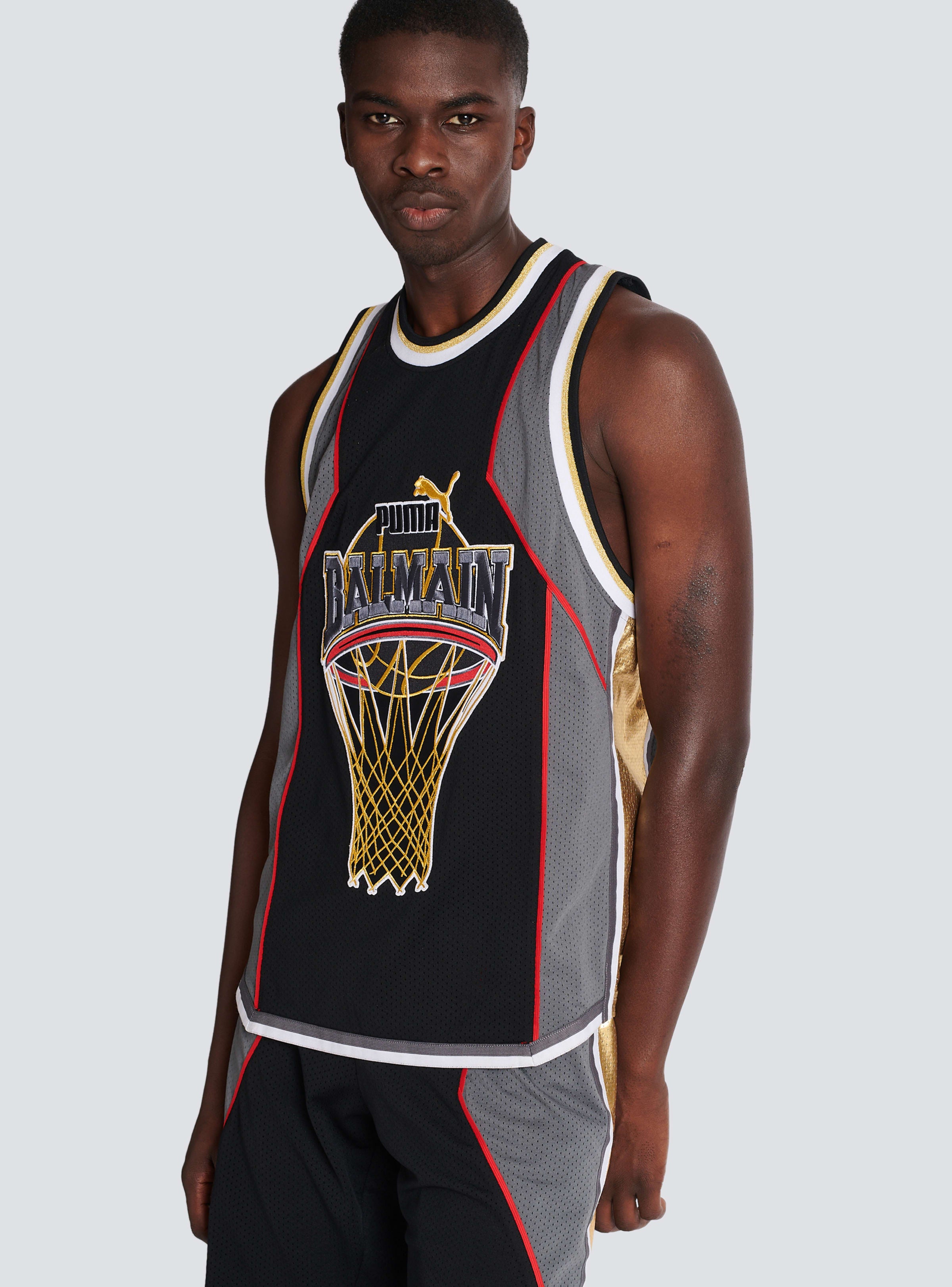 BALMAIN MEN'S BLACK GREY GOLD SLEEVELESS TECHNICAL TANK