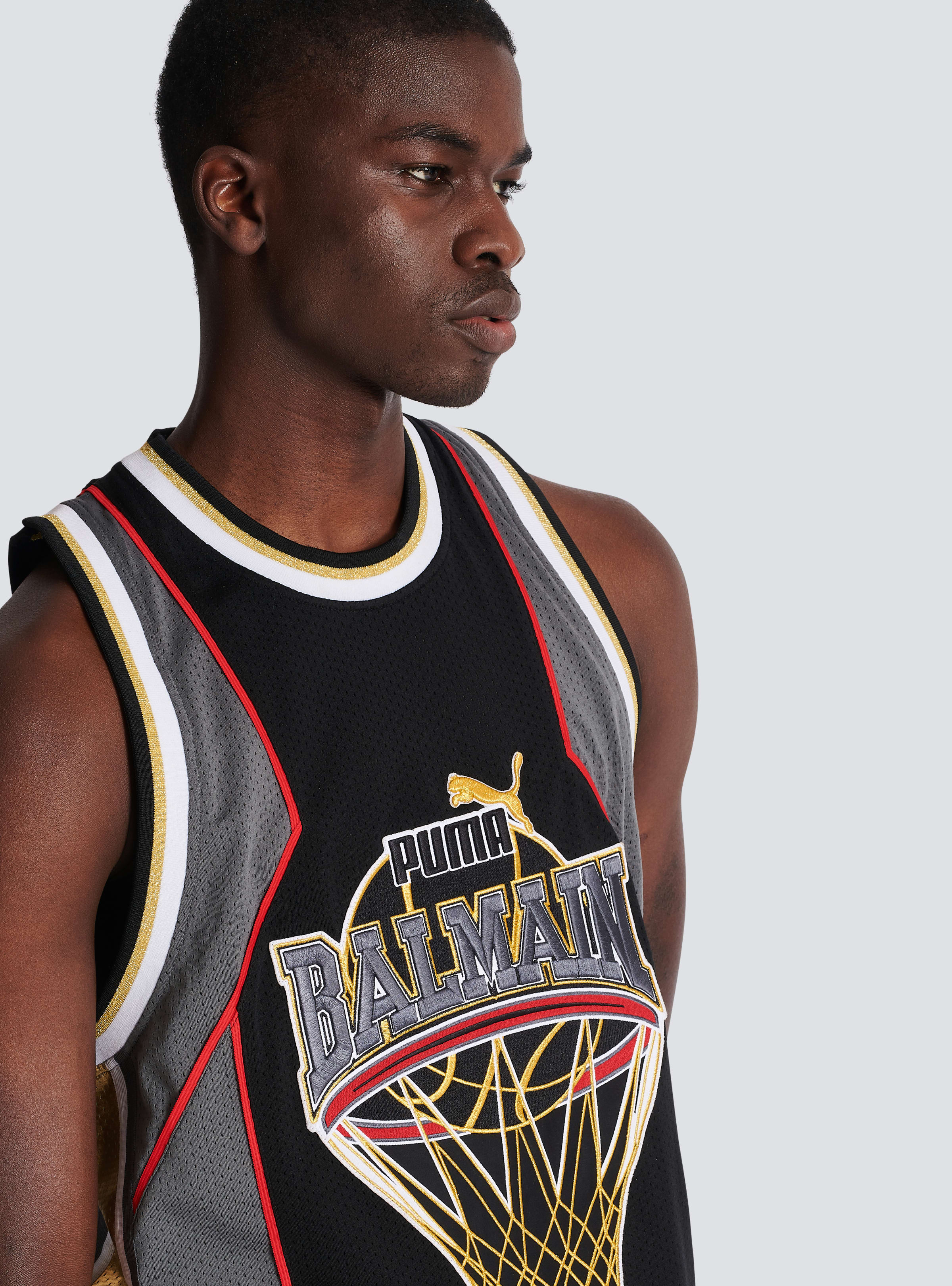 BALMAIN MEN'S BLACK GREY GOLD SLEEVELESS TECHNICAL TANK