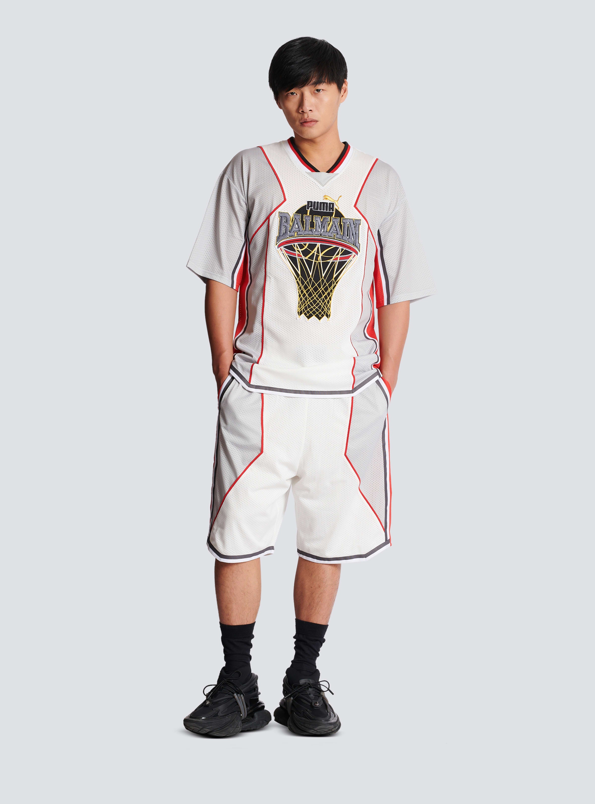 BALMAIN MEN'S WHITE GREY OVERSIZED TECHNICAL T-SHIRT