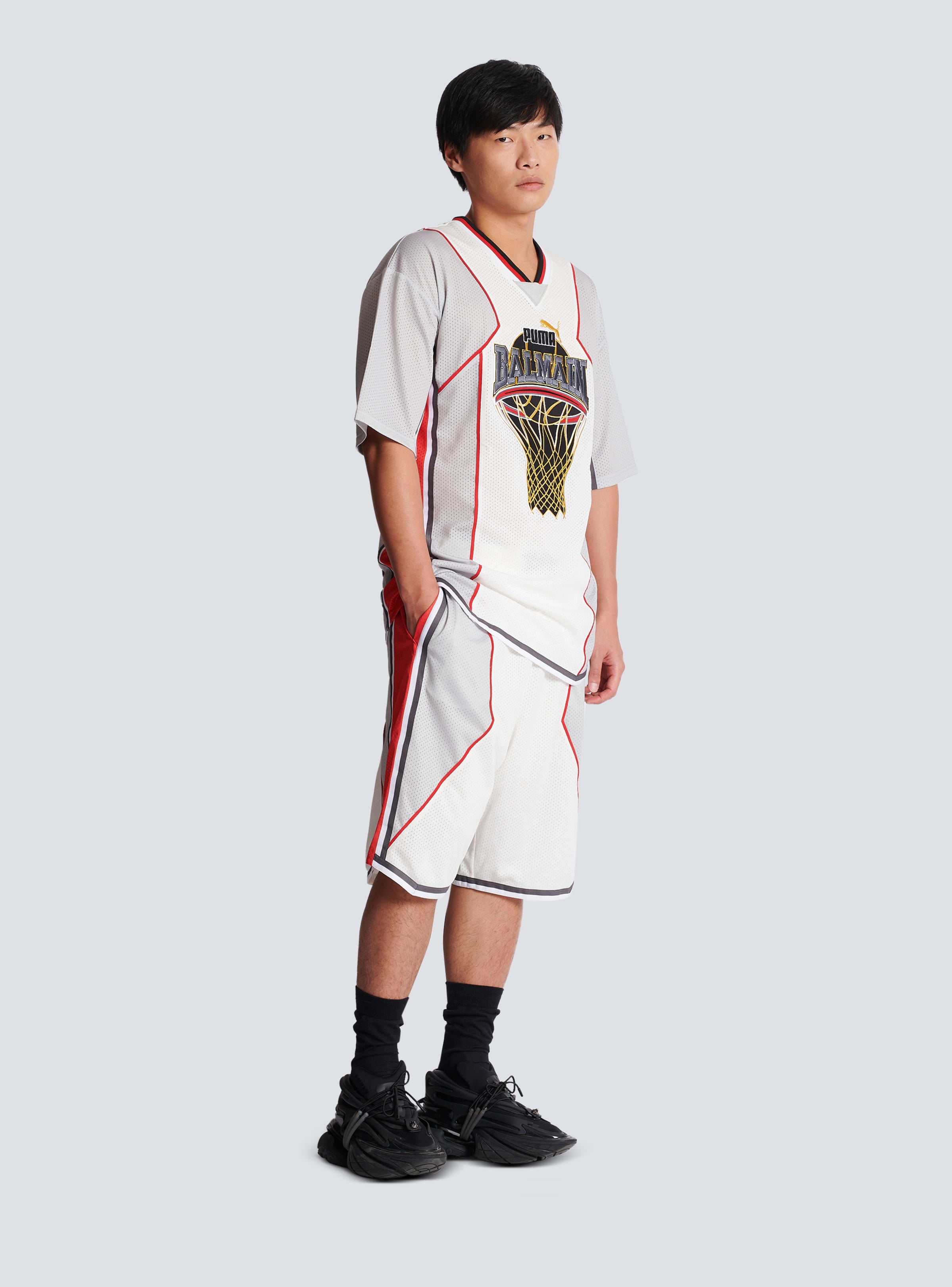 BALMAIN MEN'S WHITE GREY OVERSIZED TECHNICAL T-SHIRT