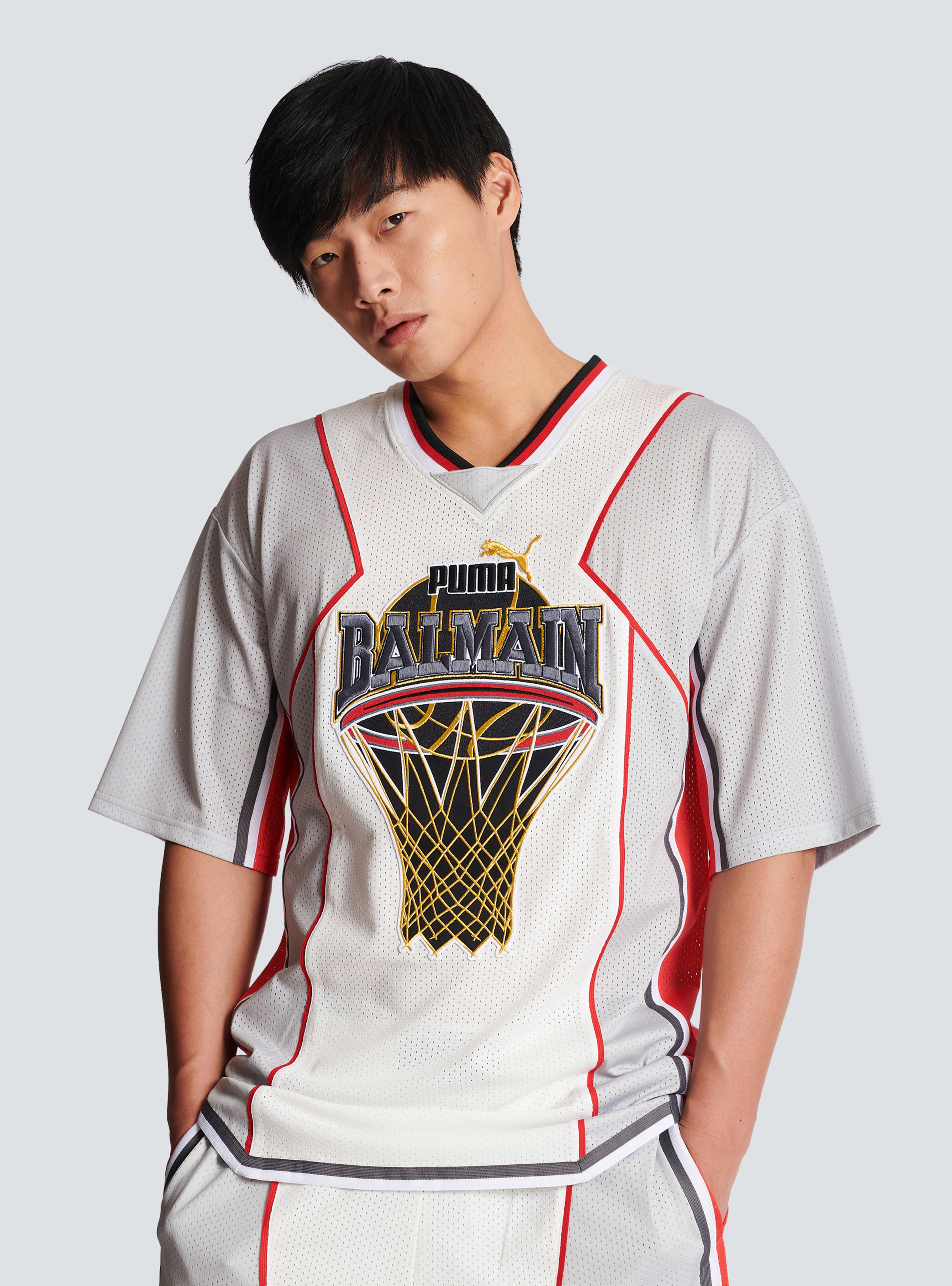 BALMAIN MEN'S WHITE GREY OVERSIZED TECHNICAL T-SHIRT