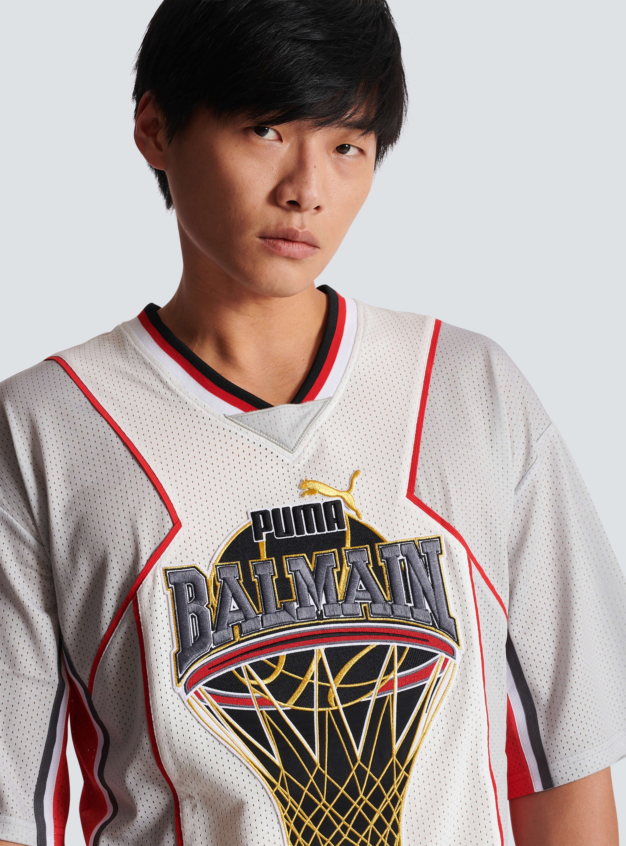 BALMAIN MEN'S WHITE GREY OVERSIZED TECHNICAL T-SHIRT