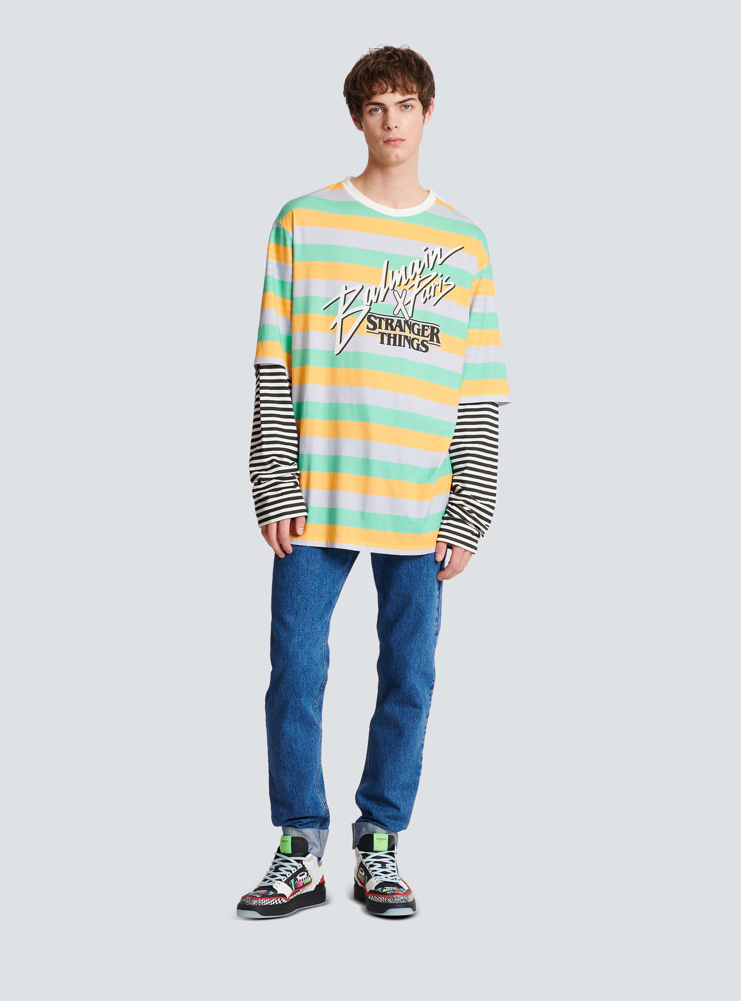 BALMAIN MEN'S MULTICOLOR STRIPED OVERSIZED LONG-SLEEVE SHIRT