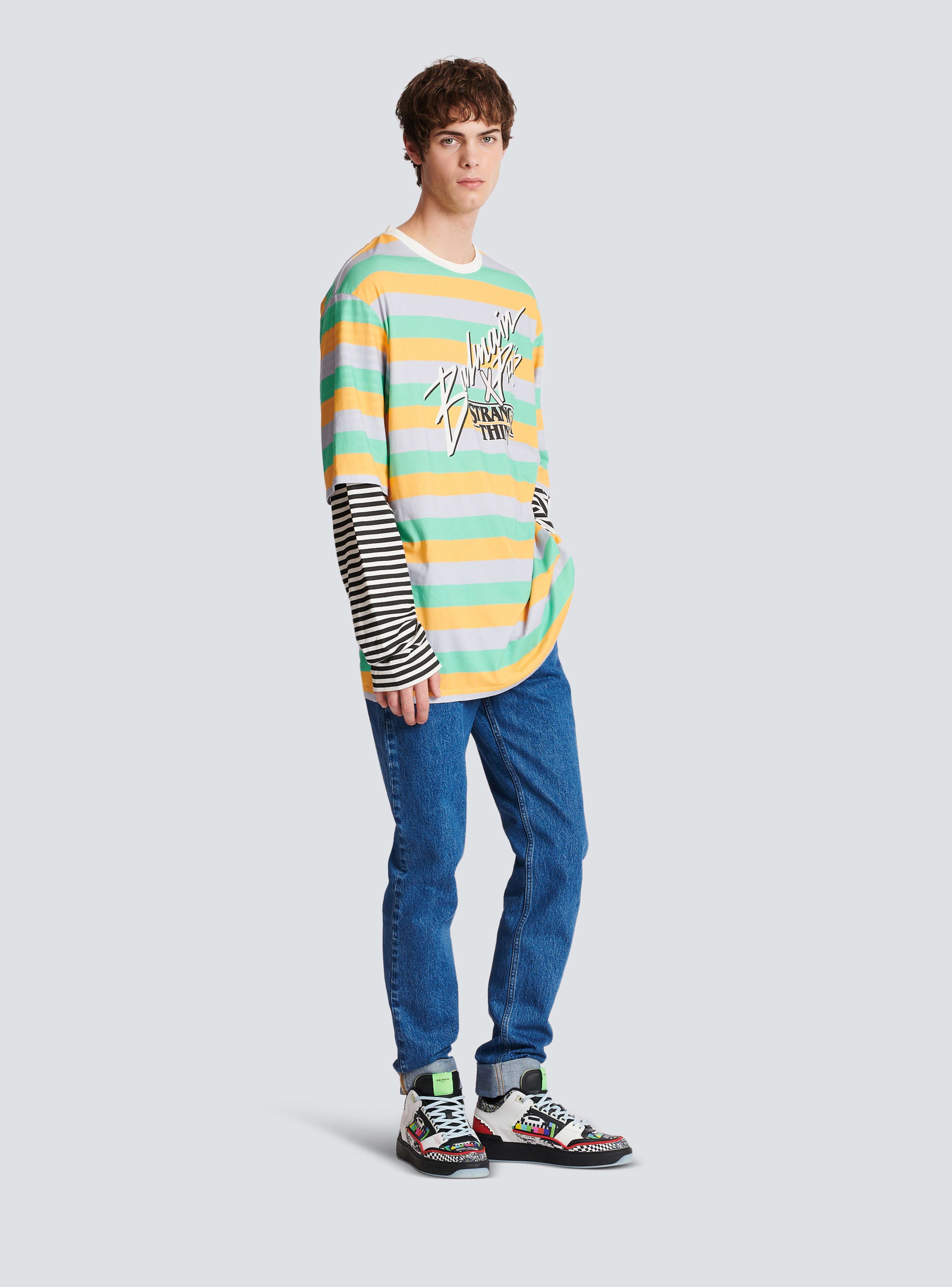 BALMAIN MEN'S MULTICOLOR STRIPED OVERSIZED LONG-SLEEVE SHIRT