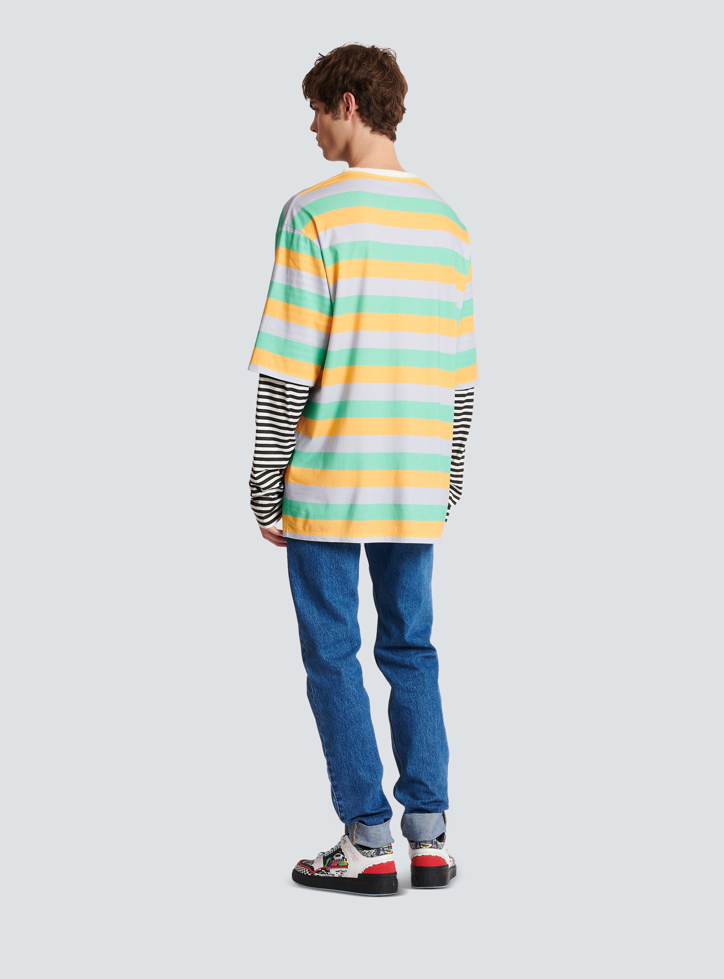 BALMAIN MEN'S MULTICOLOR STRIPED OVERSIZED LONG-SLEEVE SHIRT