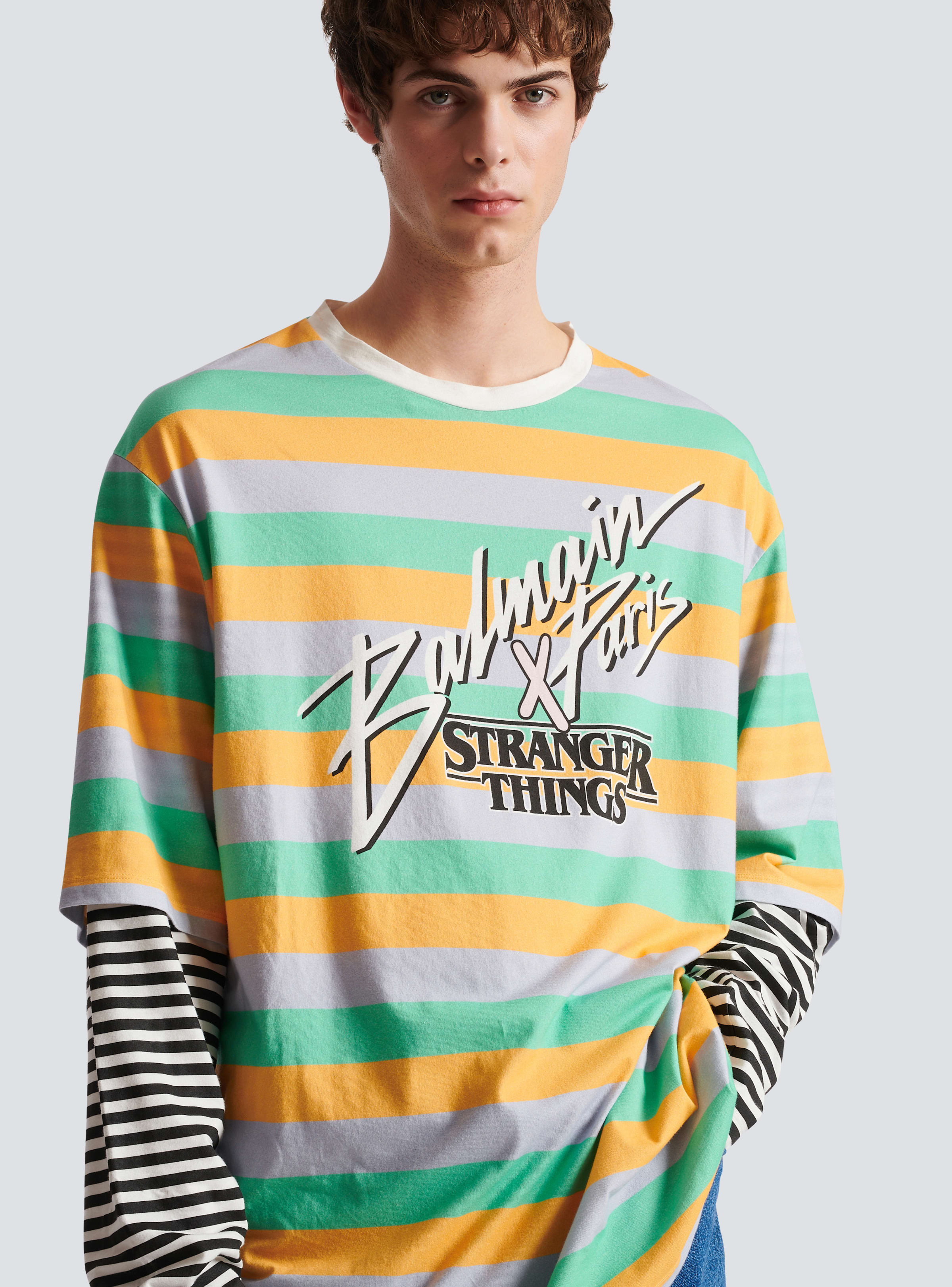 BALMAIN MEN'S MULTICOLOR STRIPED OVERSIZED LONG-SLEEVE SHIRT