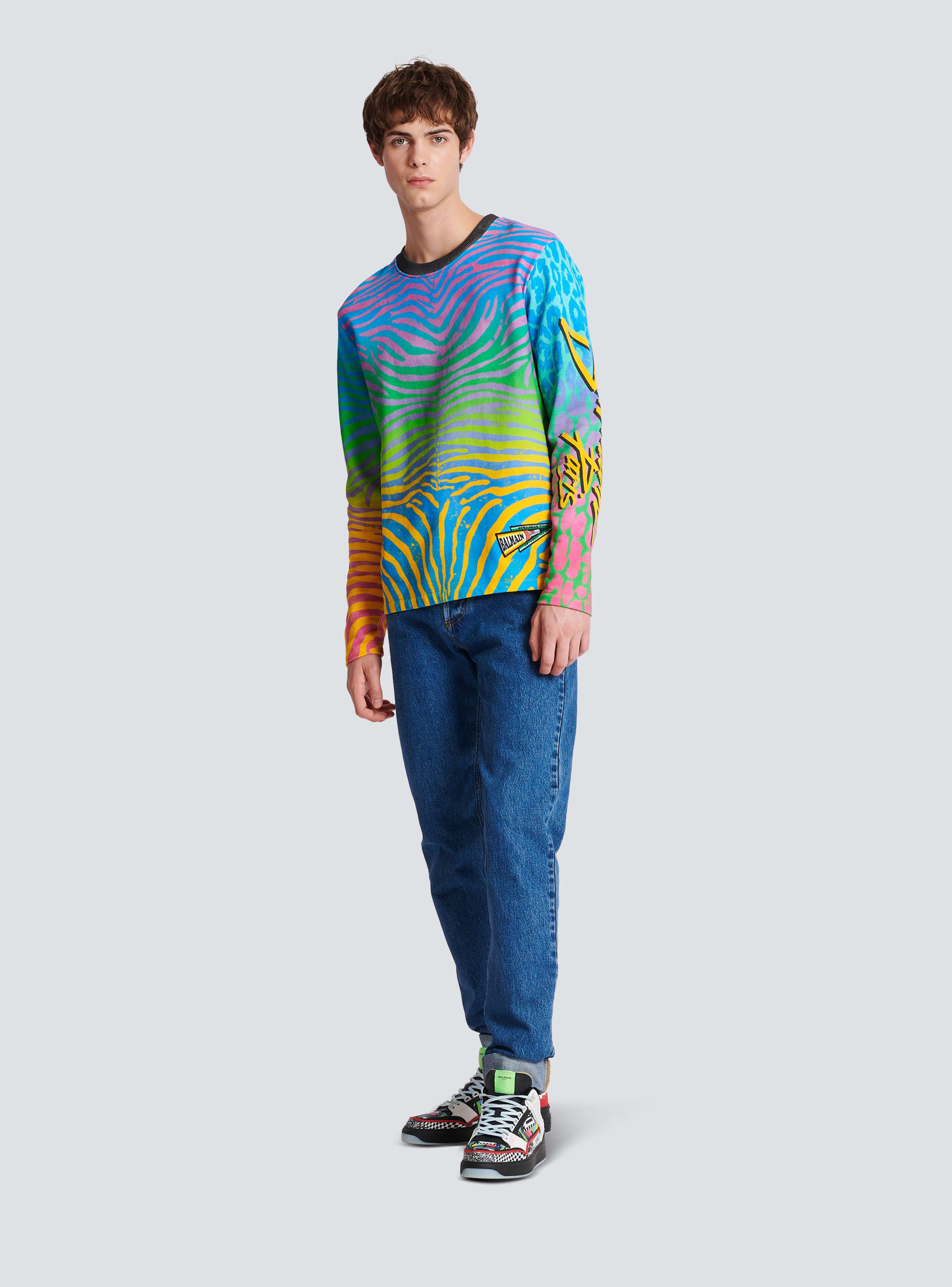 BALMAIN MEN'S MULTICOLOR ZEBRA PRINT SWEATSHIRT