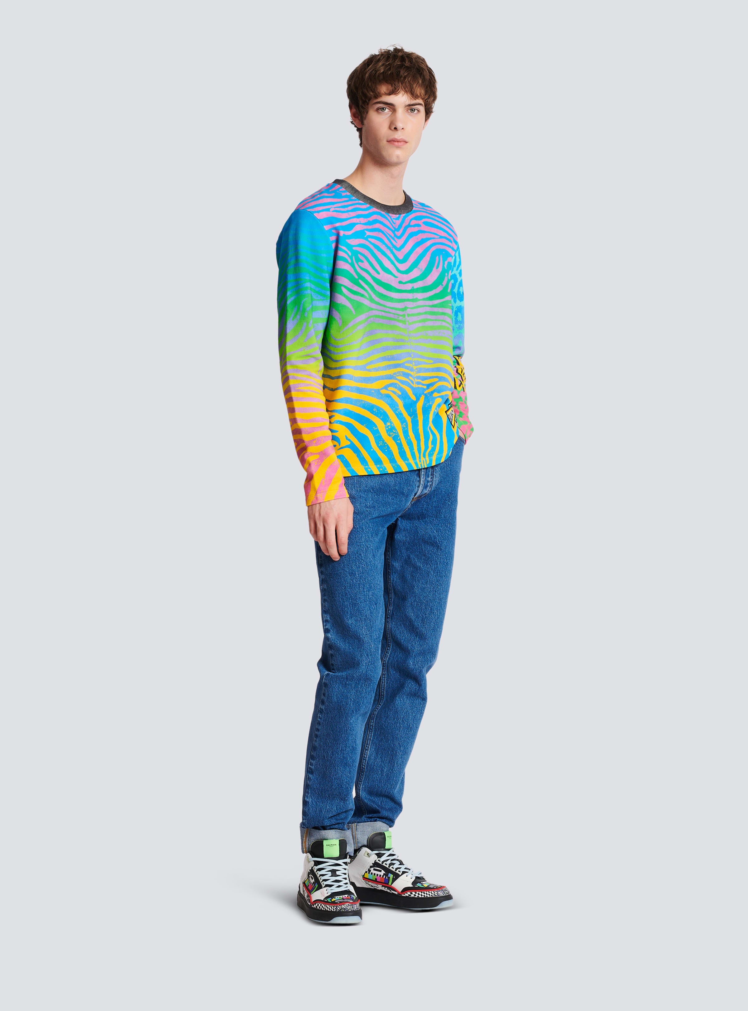 BALMAIN MEN'S MULTICOLOR ZEBRA PRINT SWEATSHIRT