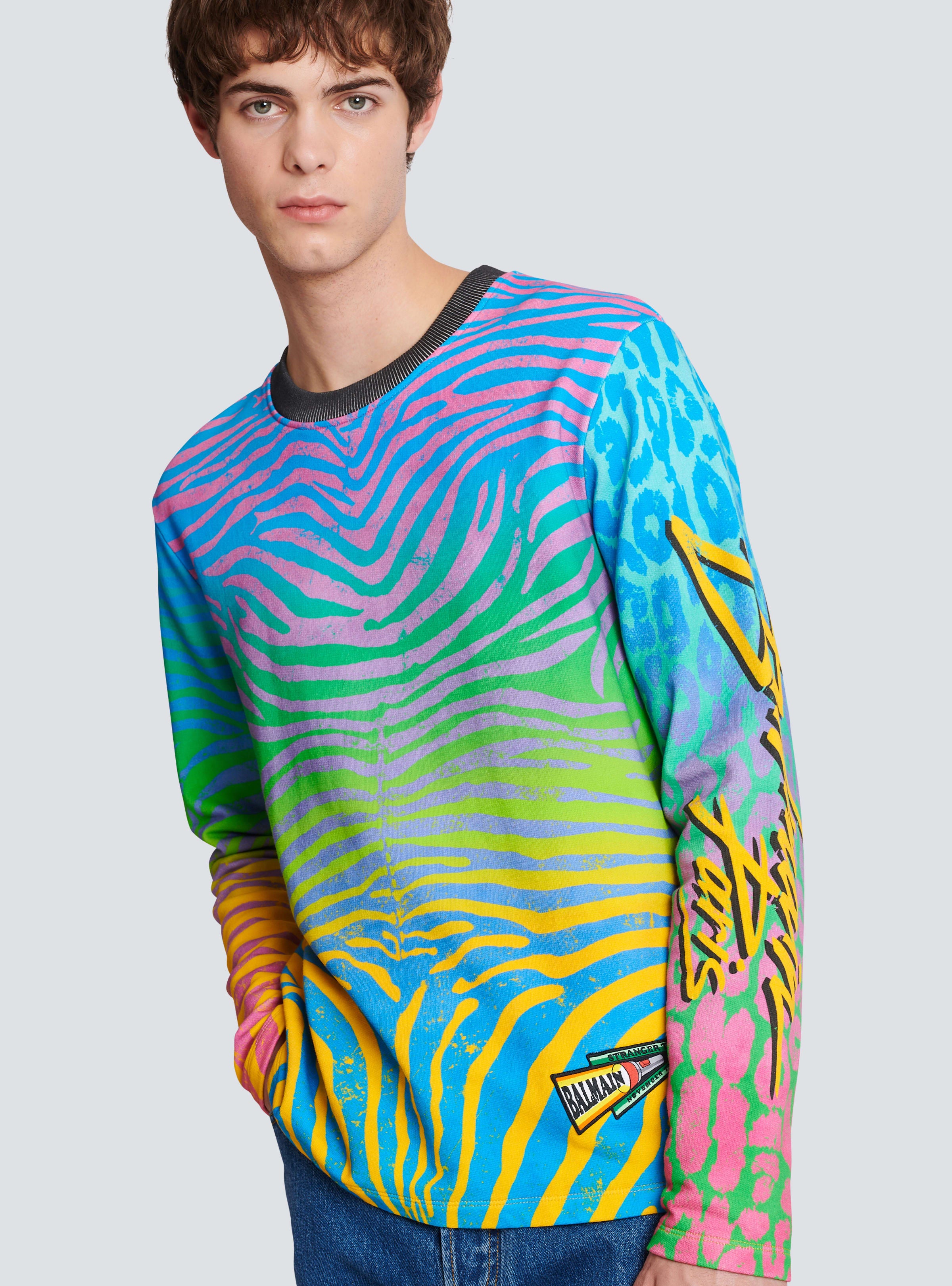 BALMAIN MEN'S MULTICOLOR ZEBRA PRINT SWEATSHIRT