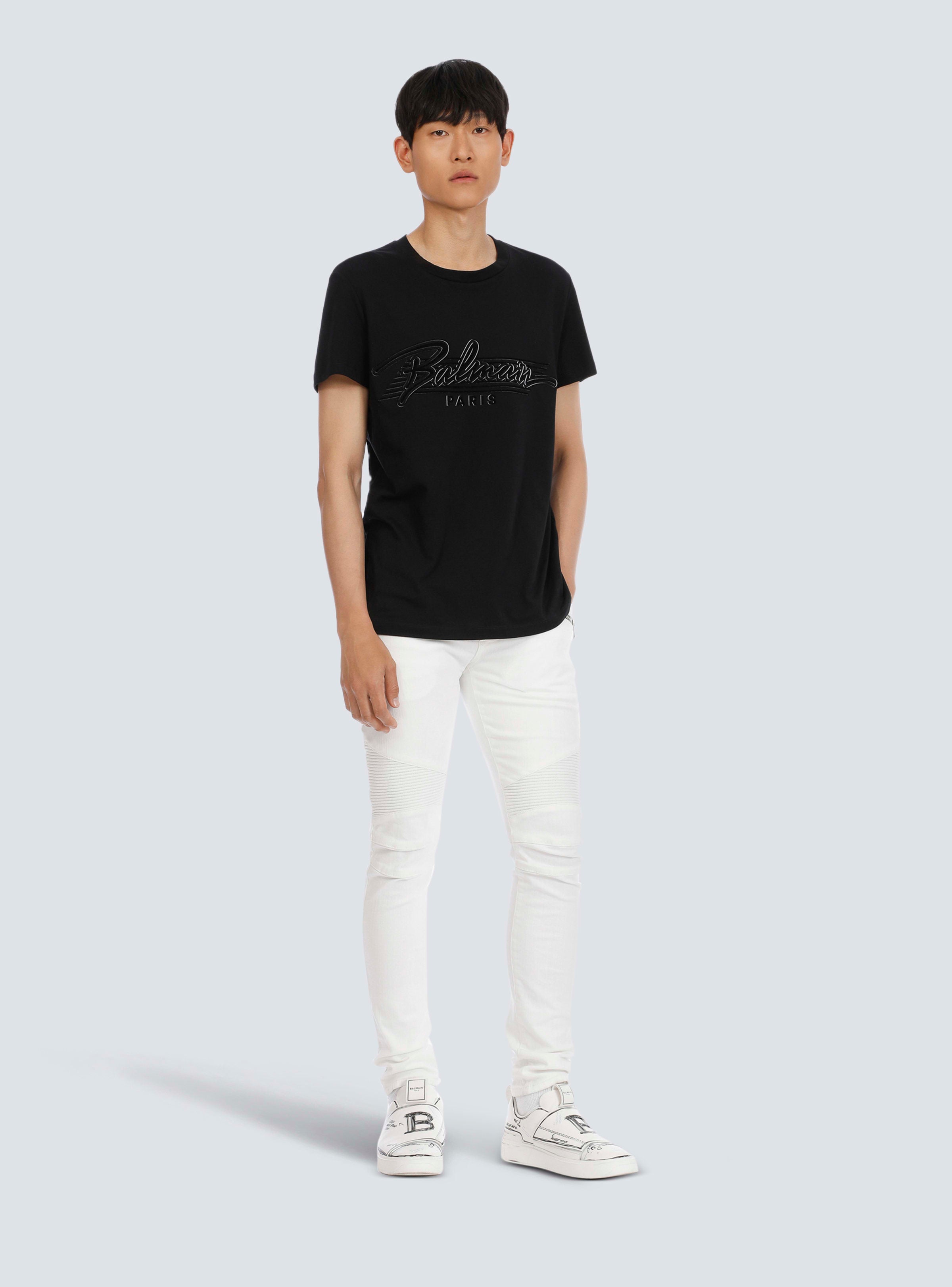 BALMAIN MEN'S WHITE RIBBED SLIM JEANS