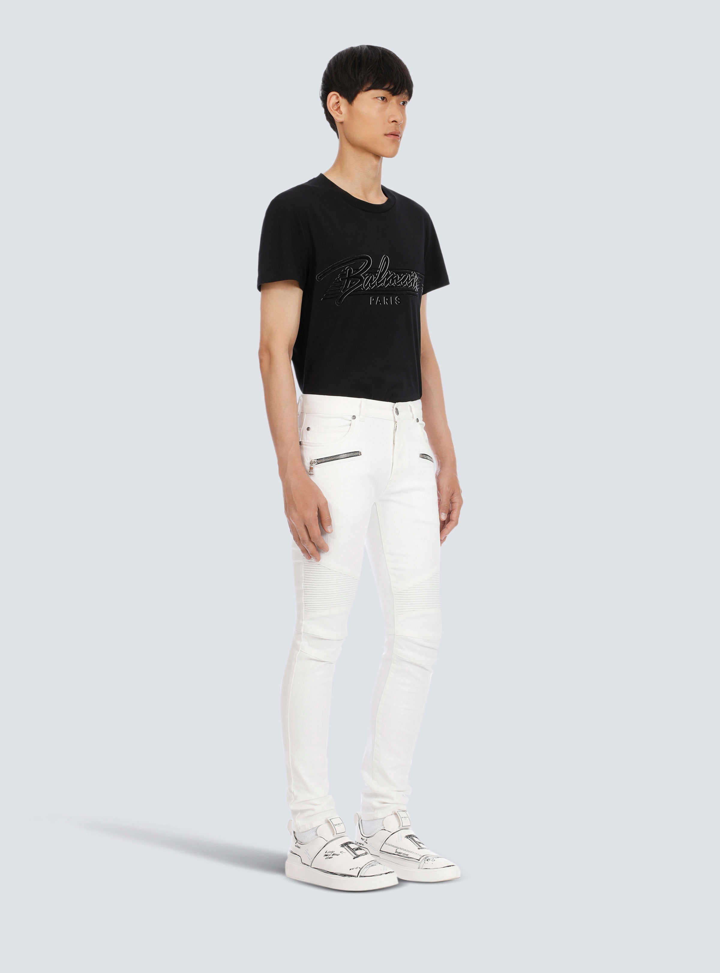 BALMAIN MEN'S WHITE RIBBED SLIM JEANS