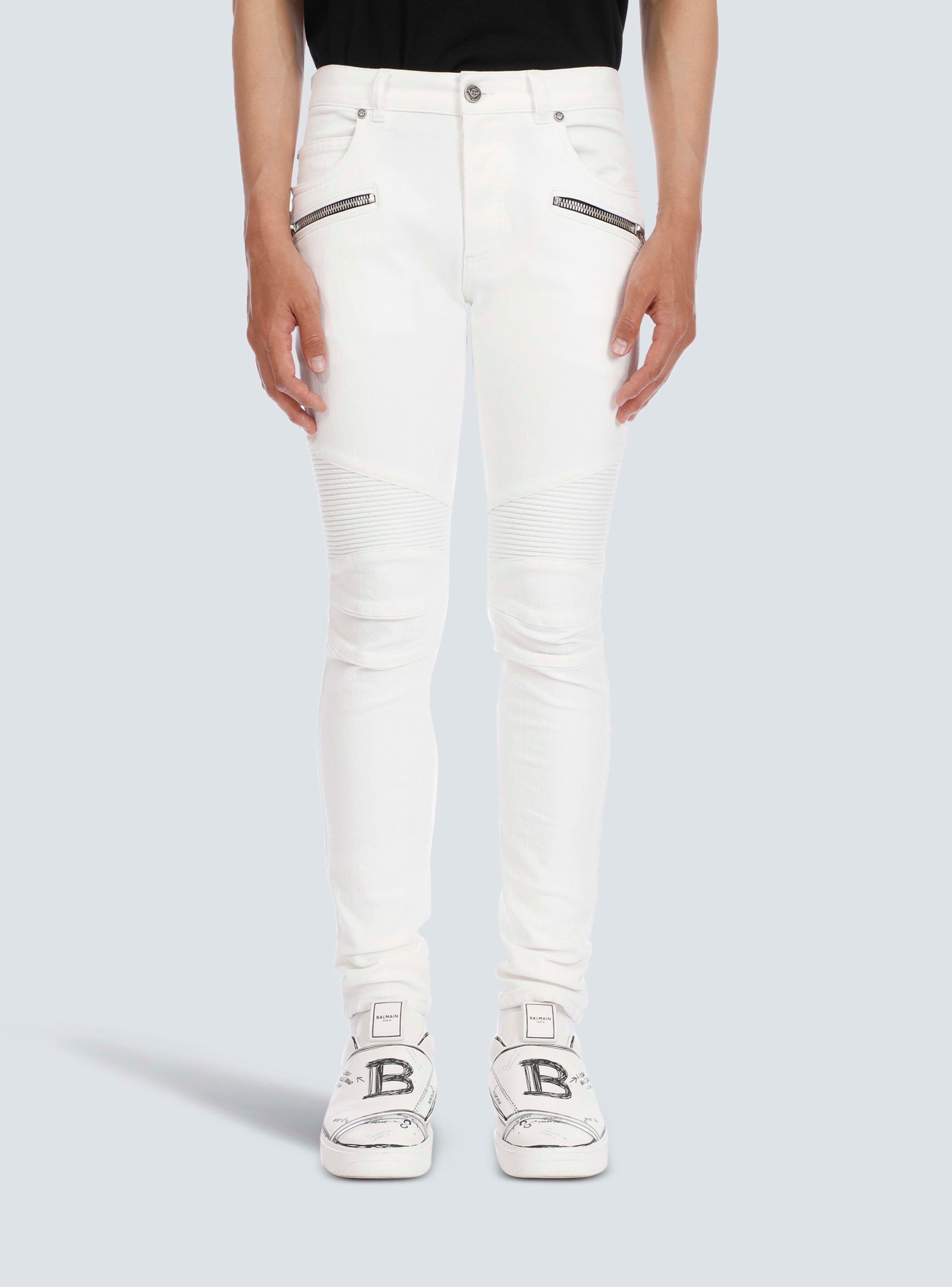 BALMAIN MEN'S WHITE RIBBED SLIM JEANS