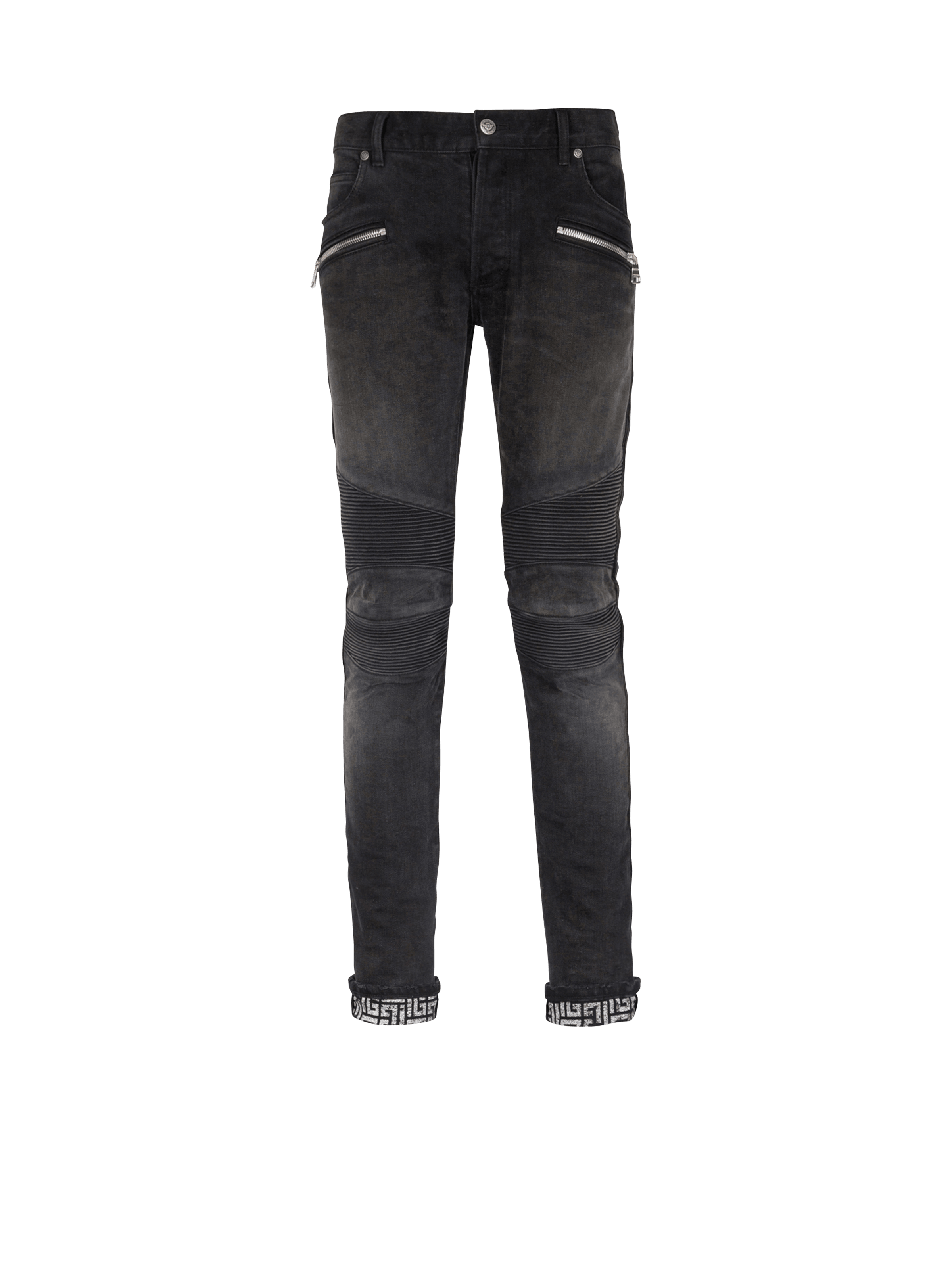 BALMAIN MEN'S BLACK RIBBED SLIM JEANS WITH MONOGRAM