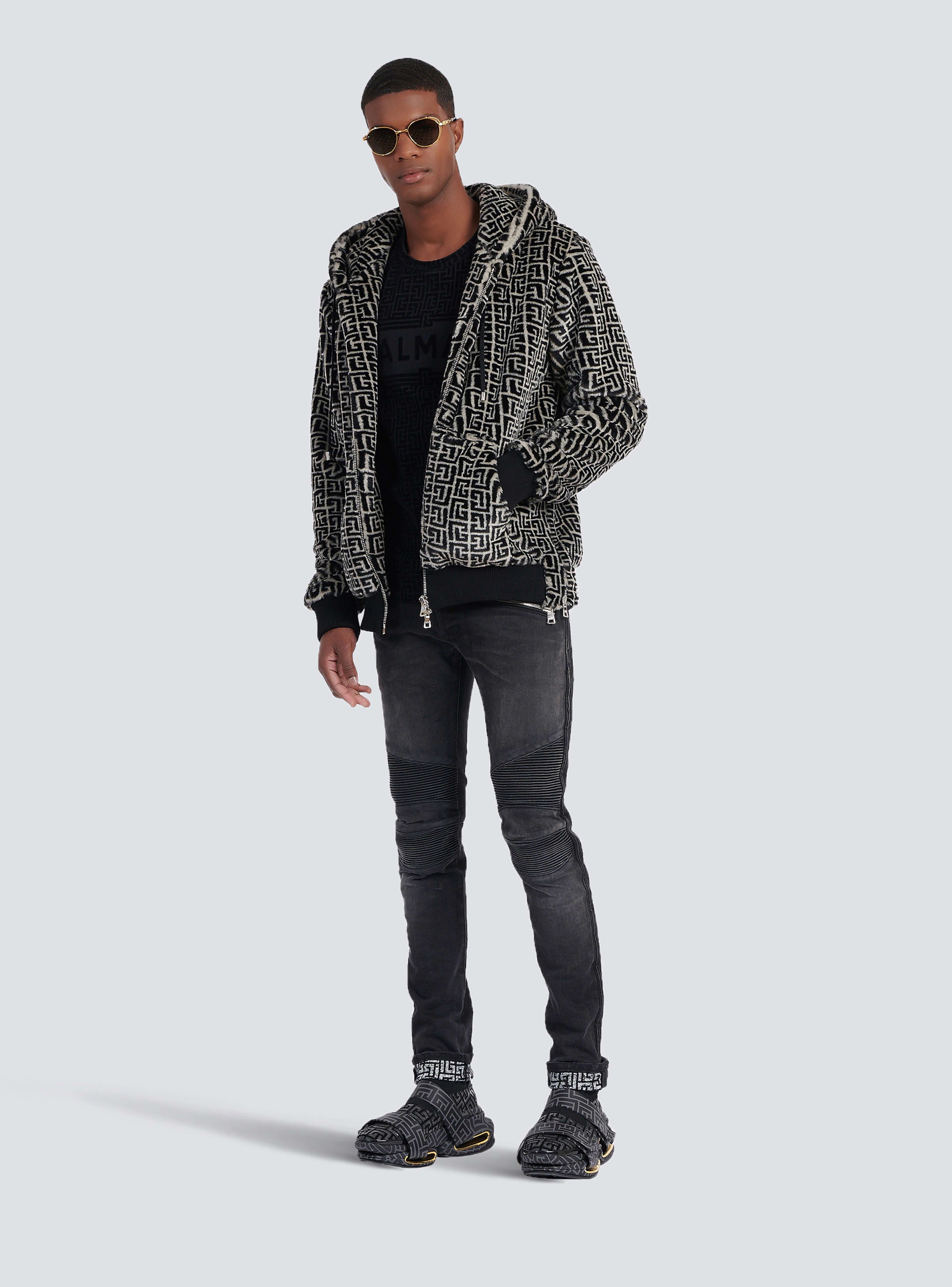 BALMAIN MEN'S BLACK RIBBED SLIM JEANS WITH MONOGRAM