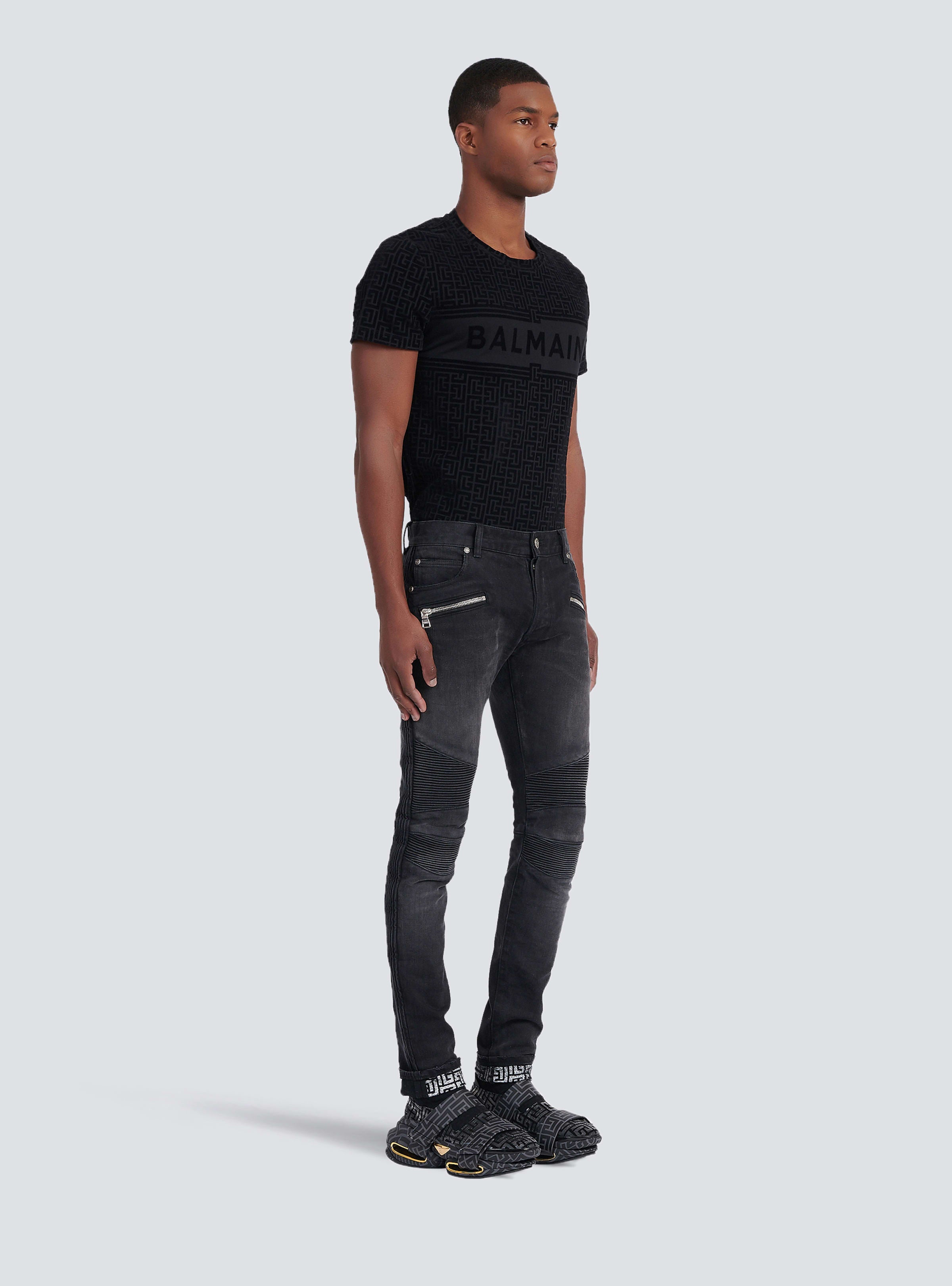 BALMAIN MEN'S BLACK RIBBED SLIM JEANS WITH MONOGRAM