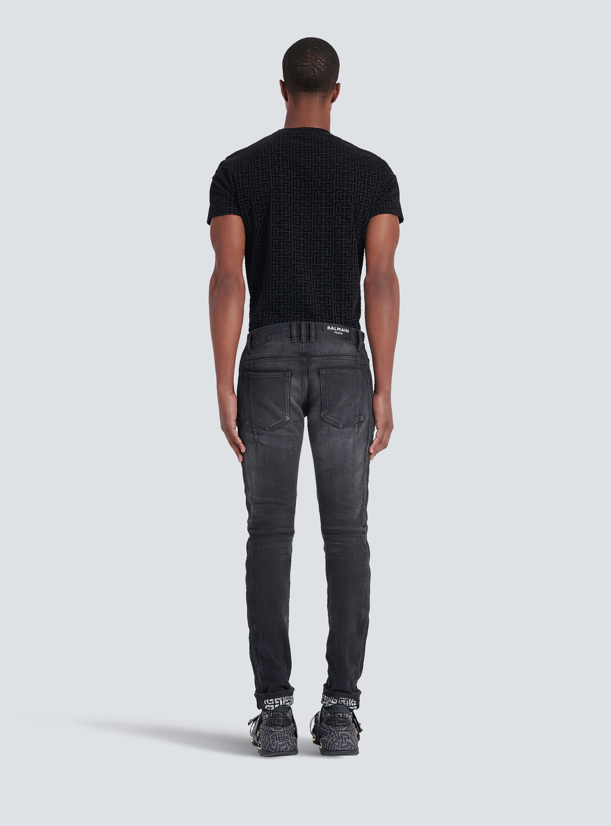 BALMAIN MEN'S BLACK RIBBED SLIM JEANS WITH MONOGRAM
