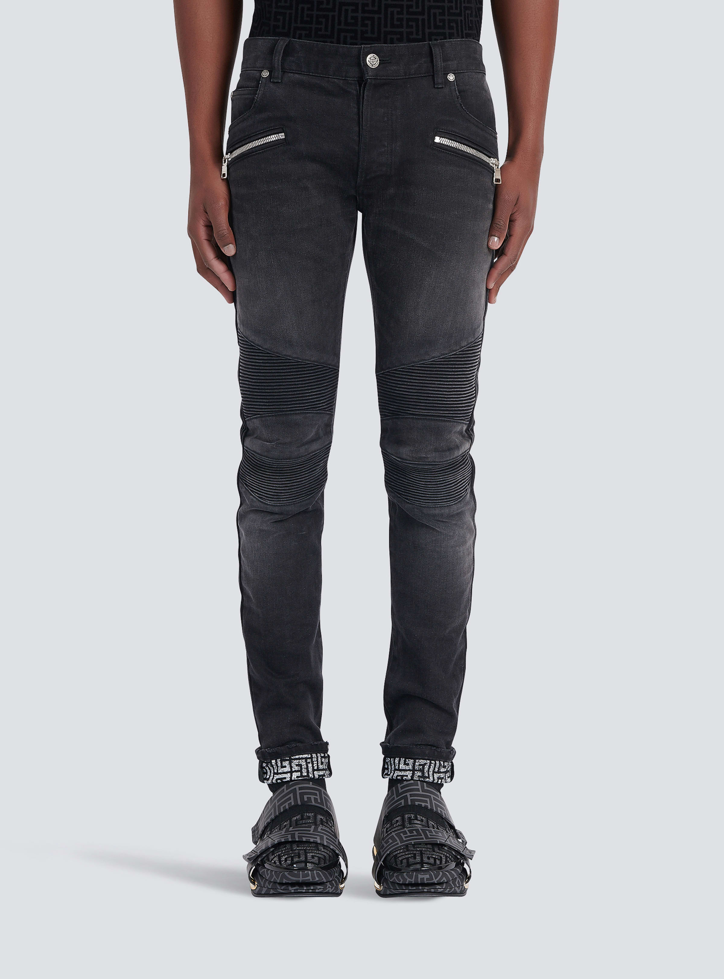BALMAIN MEN'S BLACK RIBBED SLIM JEANS WITH MONOGRAM