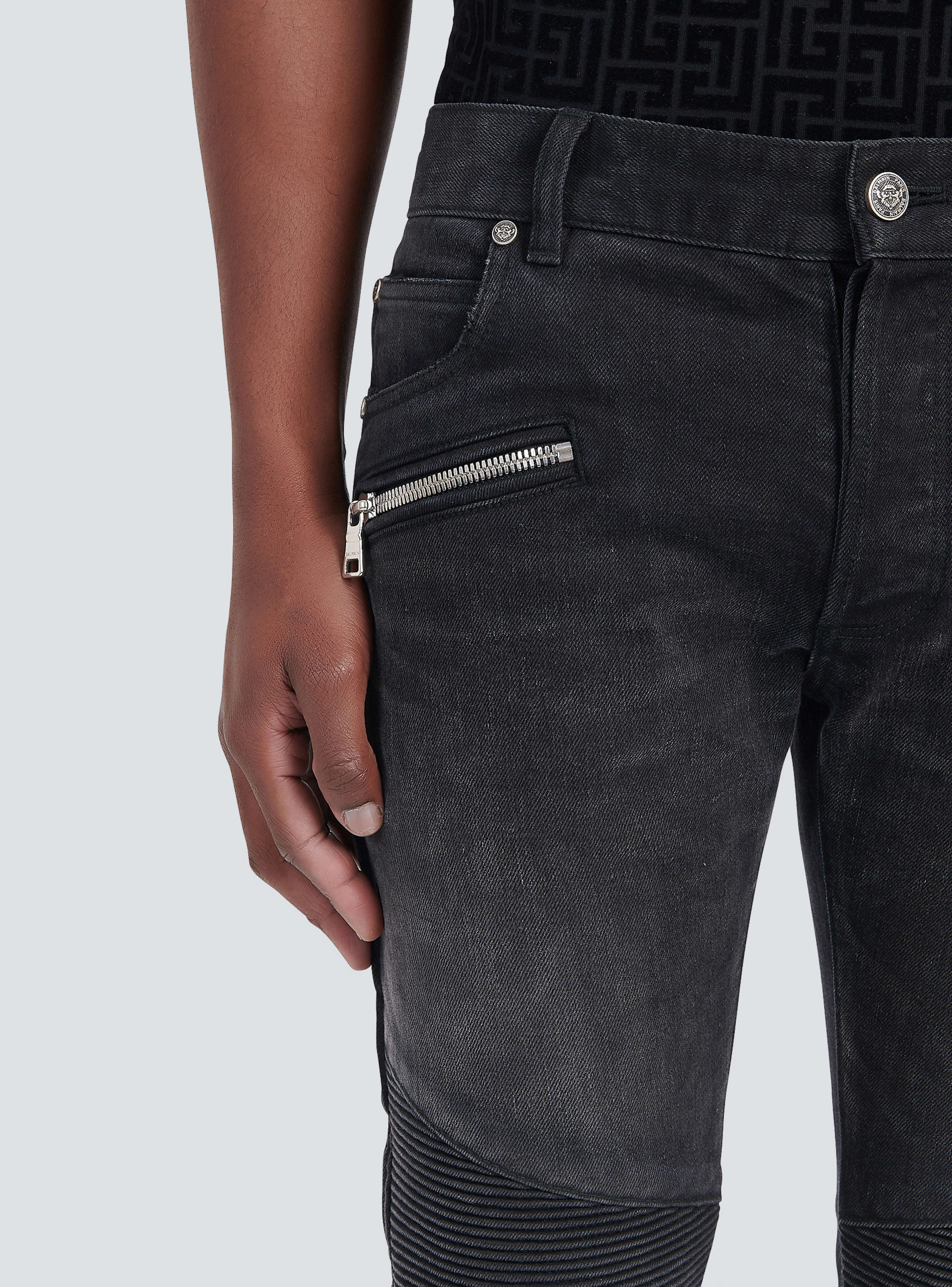 BALMAIN MEN'S BLACK RIBBED SLIM JEANS WITH MONOGRAM