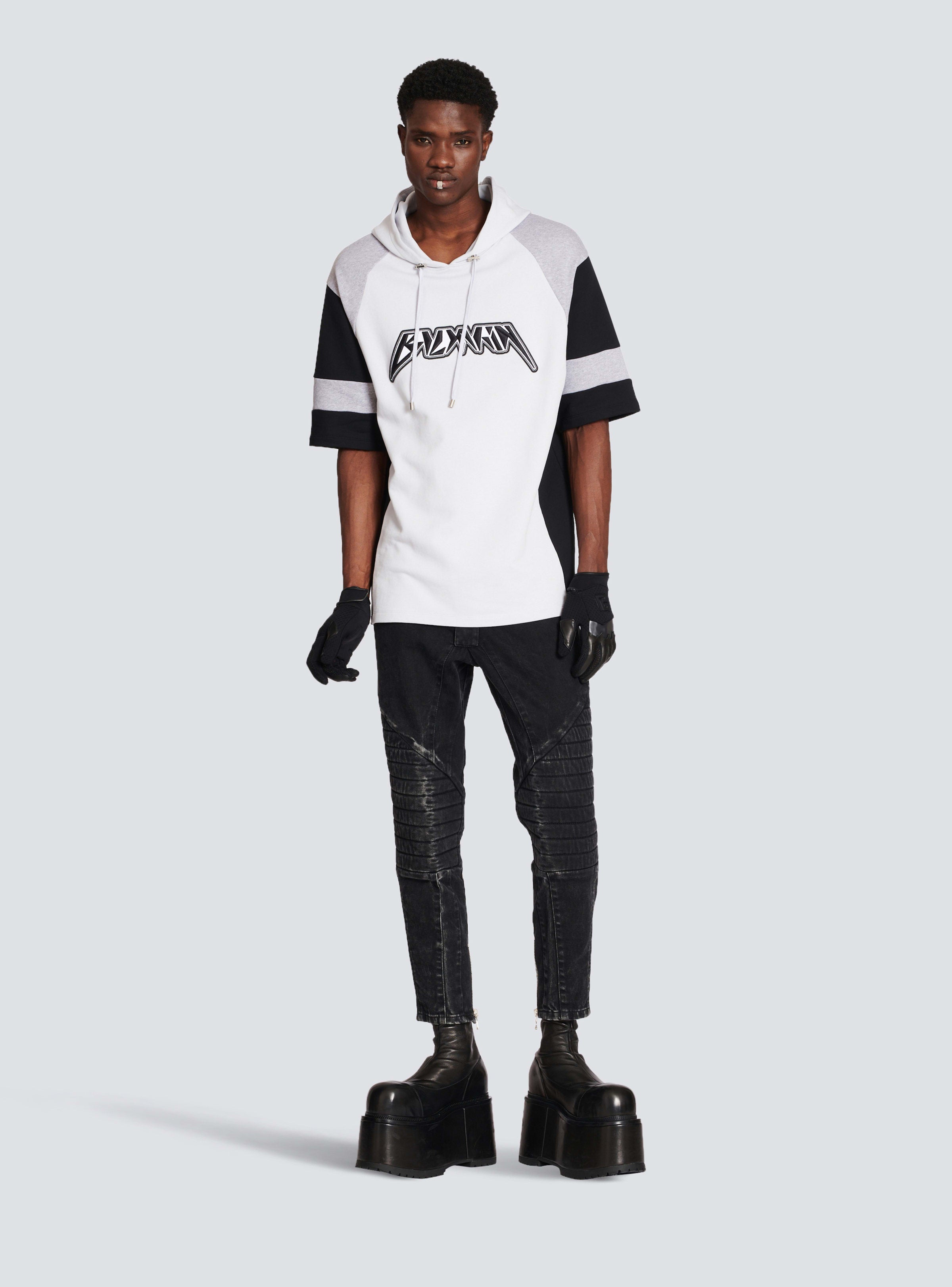 BALMAIN MEN'S LIGHT BLUE BLACK OVERSIZED HOODIE