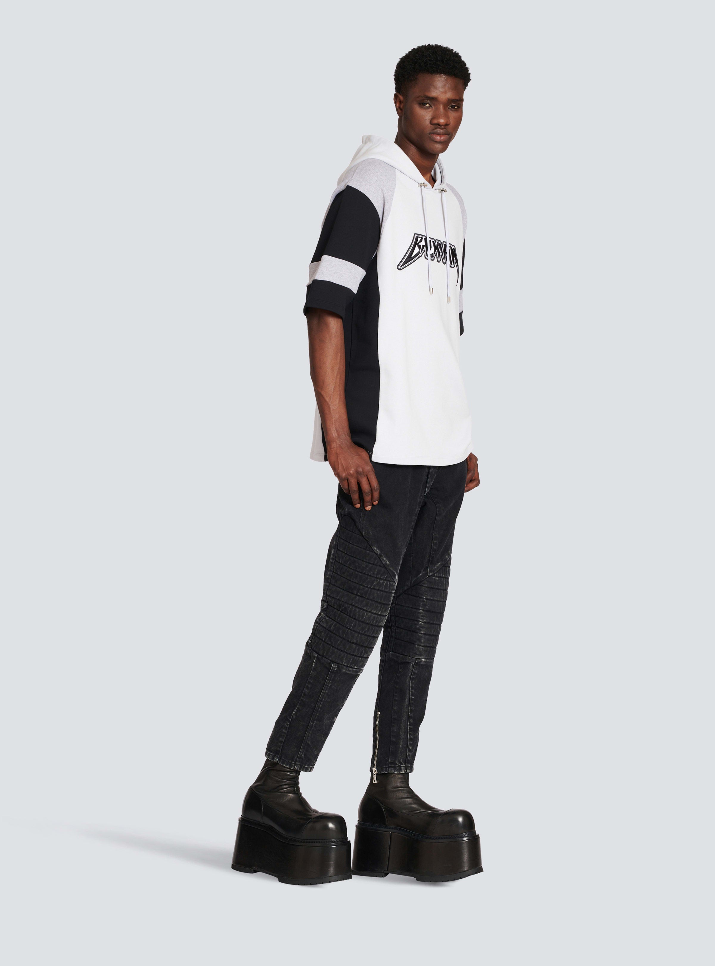 BALMAIN MEN'S LIGHT BLUE BLACK OVERSIZED HOODIE