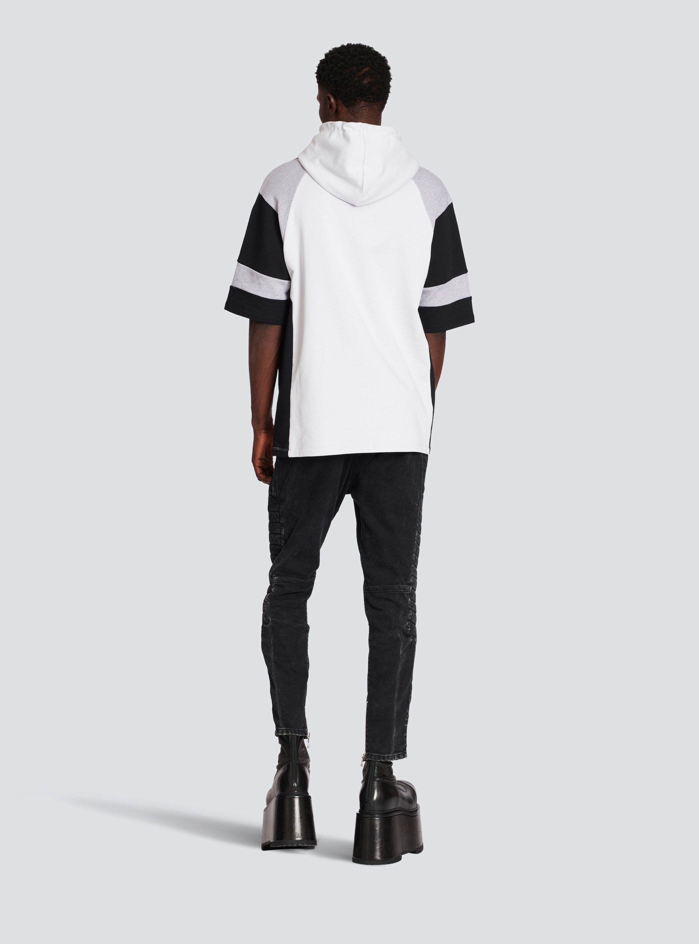 BALMAIN MEN'S LIGHT BLUE BLACK OVERSIZED HOODIE